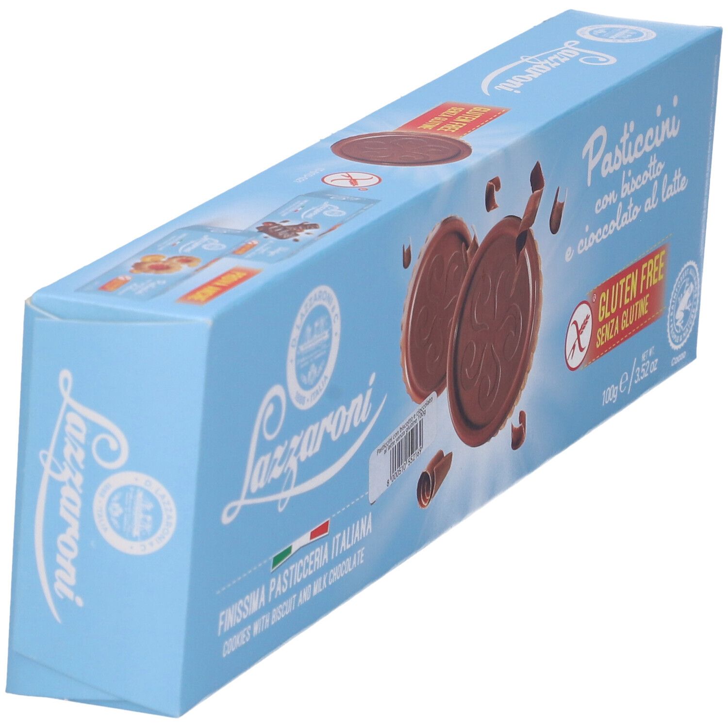 Confezione azzurra con biscotti e cioccolato. Scritta: Lazzaroni, Pasticcini, Senza glutine. Vista prospettica.