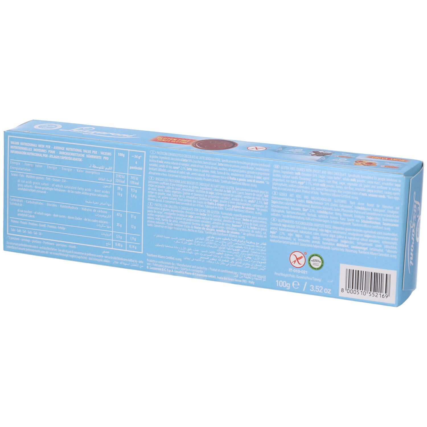 Retro della confezione azzurra con biscotti e cioccolato. Testo e informazioni nutrizionali. Simbolo Senza glutine.