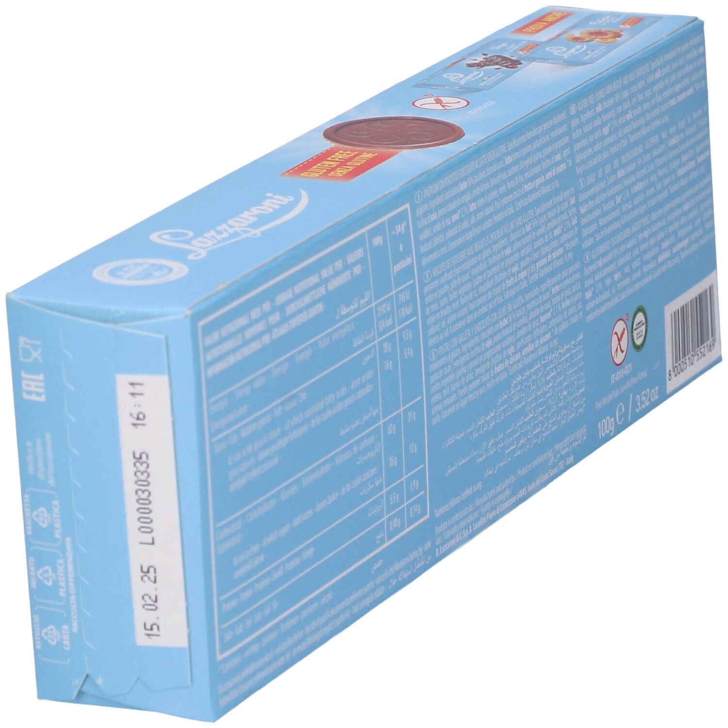 Retro della confezione azzurra con biscotti e cioccolato. Testo, informazioni nutrizionali e data di scadenza.