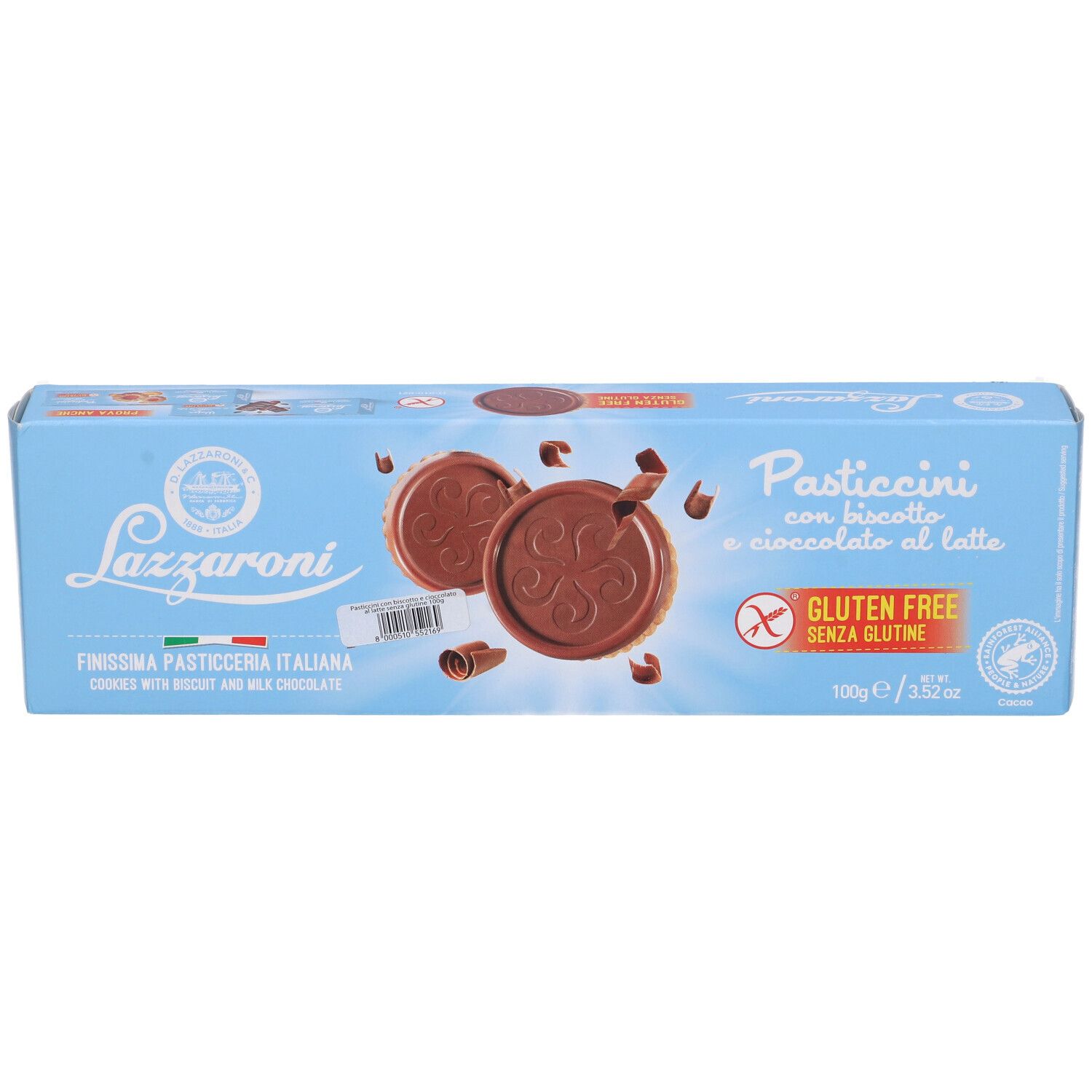 Confezione azzurra con biscotti e cioccolato. Scritta: Lazzaroni, Pasticcini, Senza glutine. 100g.