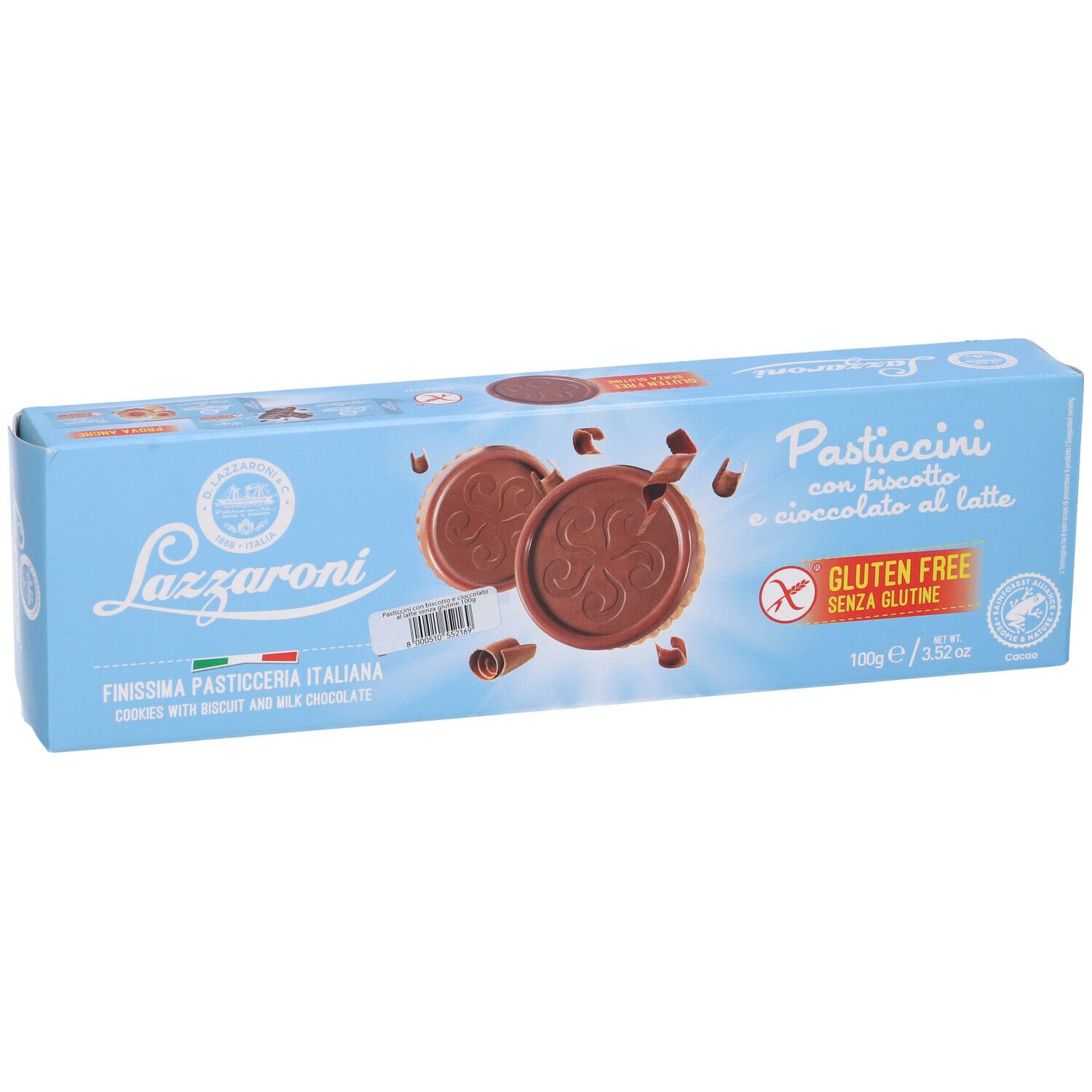 Confezione azzurra con biscotti e cioccolato. Scritta: Lazzaroni, Pasticcini, Senza glutine. 100g.
