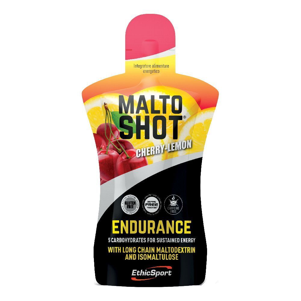 Busta Malto Shot Endurance. Gusto ciliegia-limone. Contiene carboidrati. Senza glutine, senza zuccheri, senza caffeina.