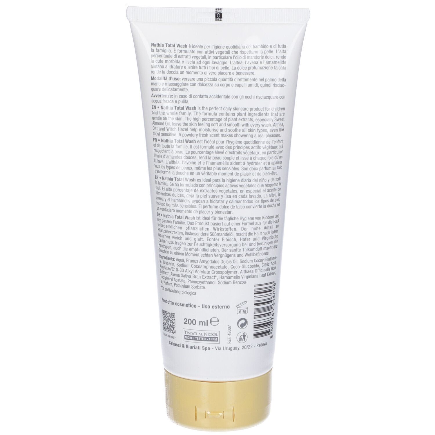 Weiße Tube mit goldfarbenem Verschluss, 200 ml. Enthält Text über Inhaltsstoffe und Anwendung.