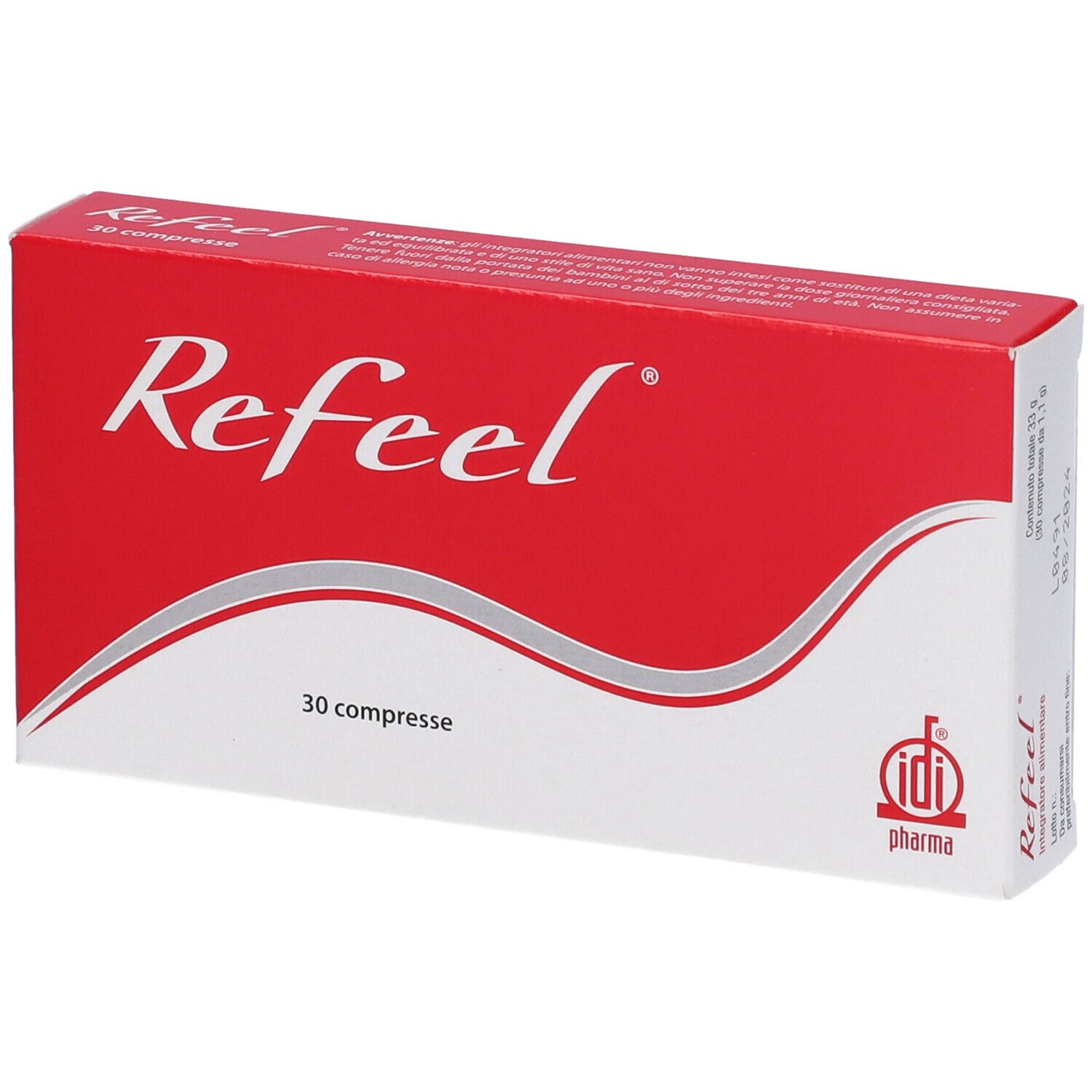 Scatola rossa e bianca con la scritta "Refeel". Contiene 30 compresse. Logo idi pharma.