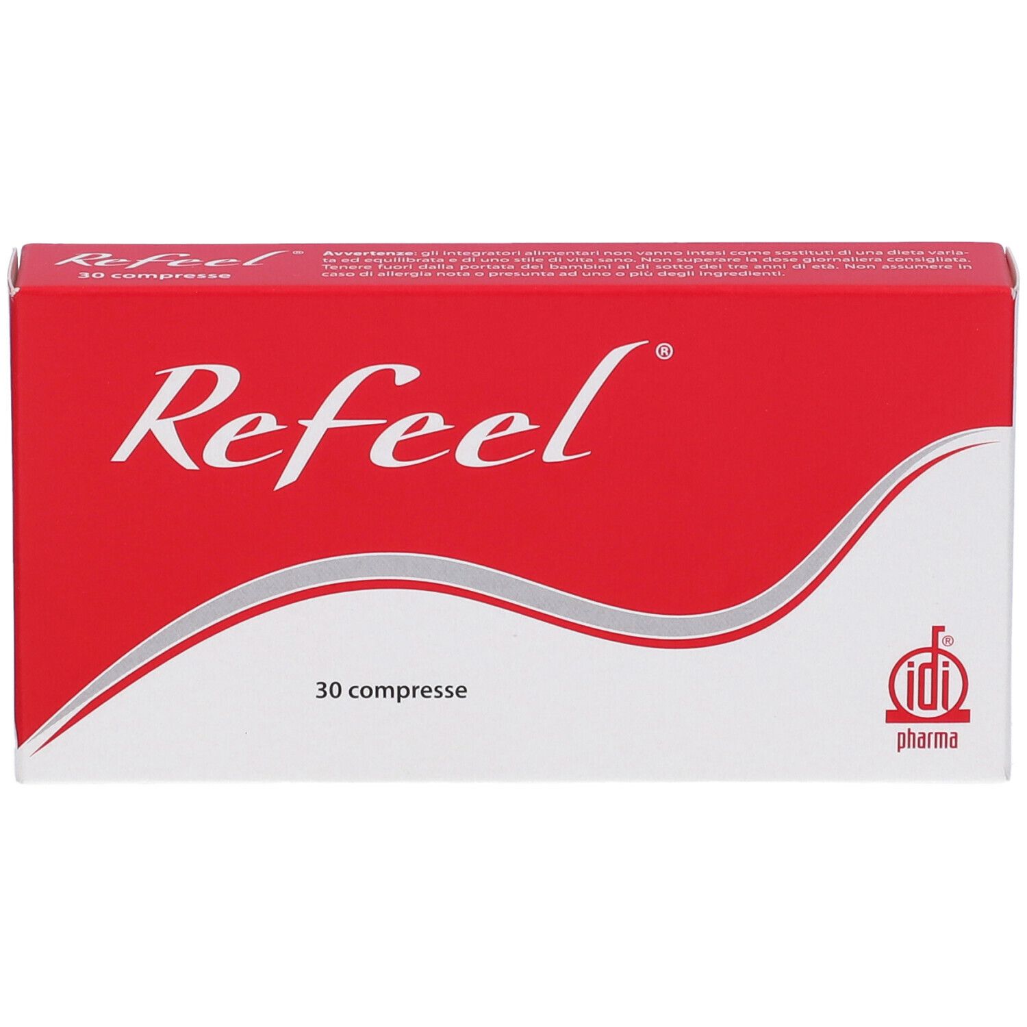 Scatola rossa e bianca con la scritta "Refeel". Contiene 30 compresse. Logo idi pharma.