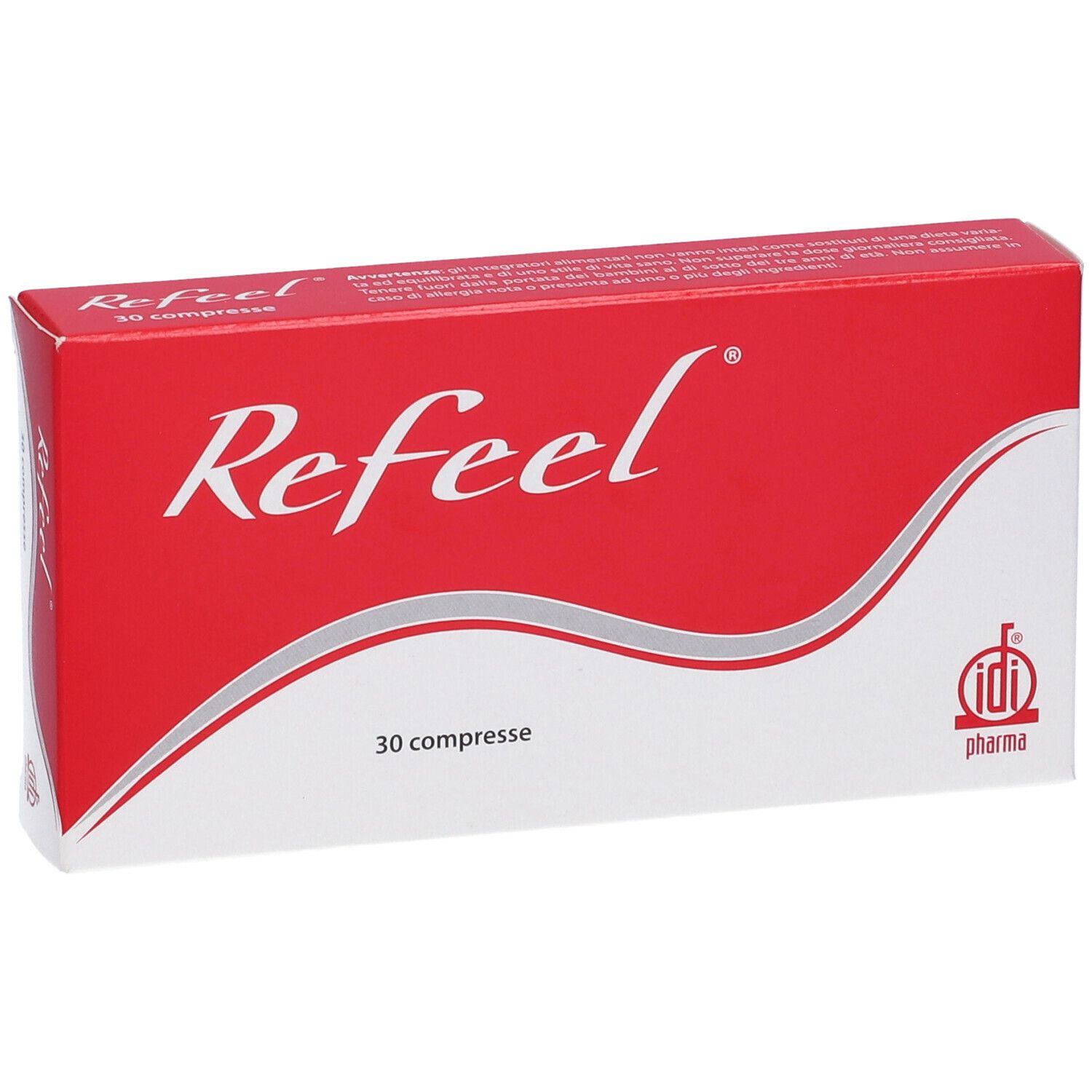 Scatola rossa e bianca con la scritta "Refeel". Contiene 30 compresse. Logo idi pharma.