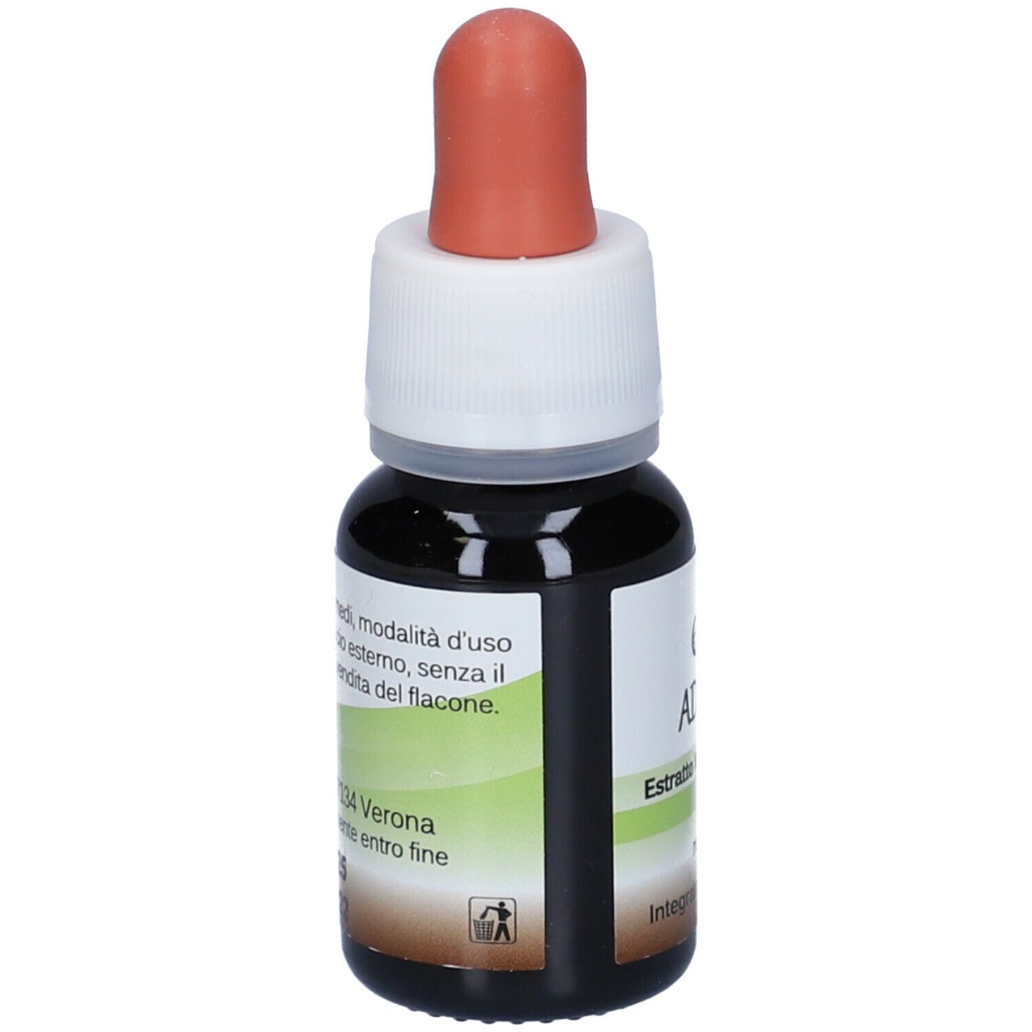 Liquido marrone in un flacone contagocce con pipetta arancione. Tappo a vite bianco. Etichetta con testo.