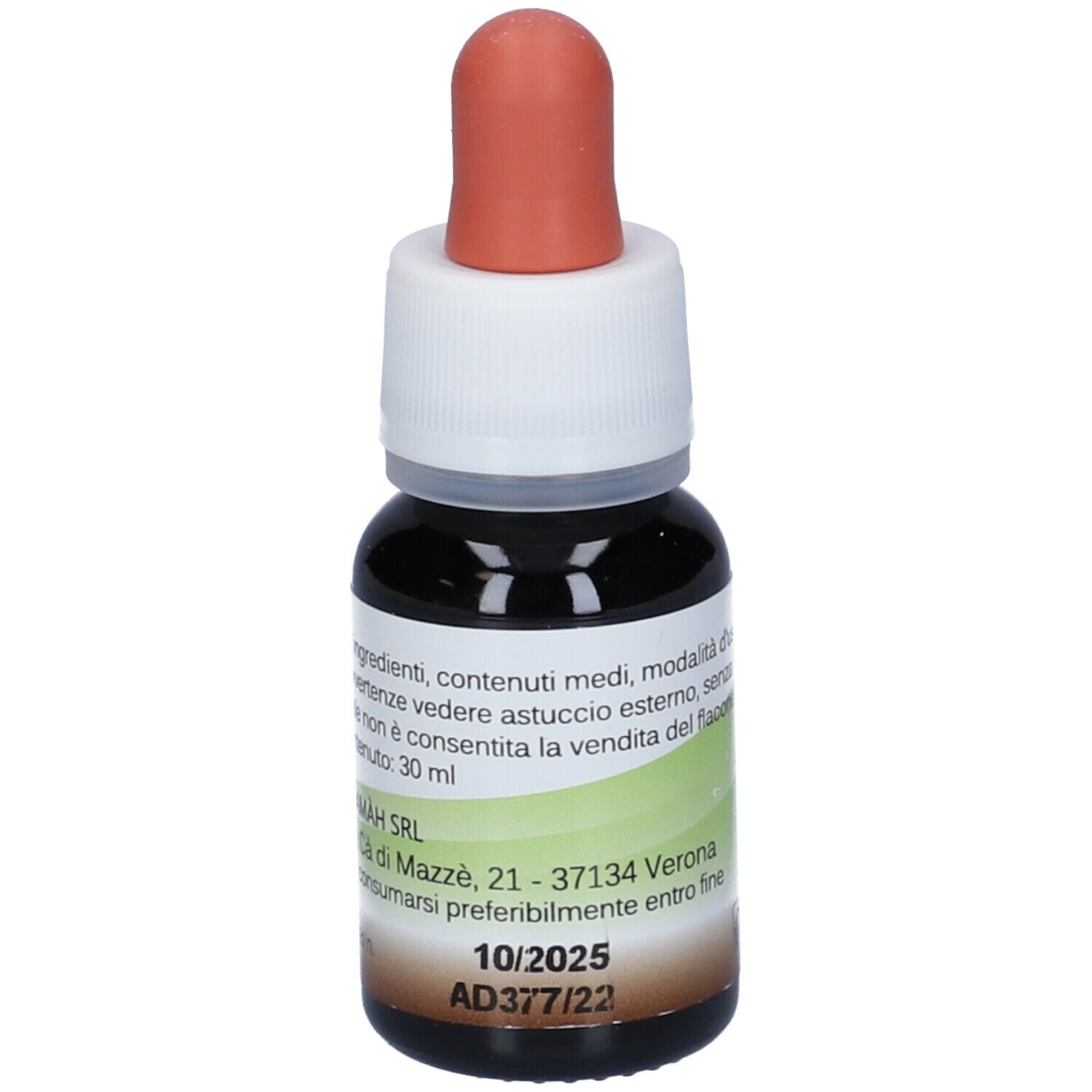 Liquido marrone in un flacone contagocce con pipetta arancione. Tappo a vite bianco. Etichetta con testo.