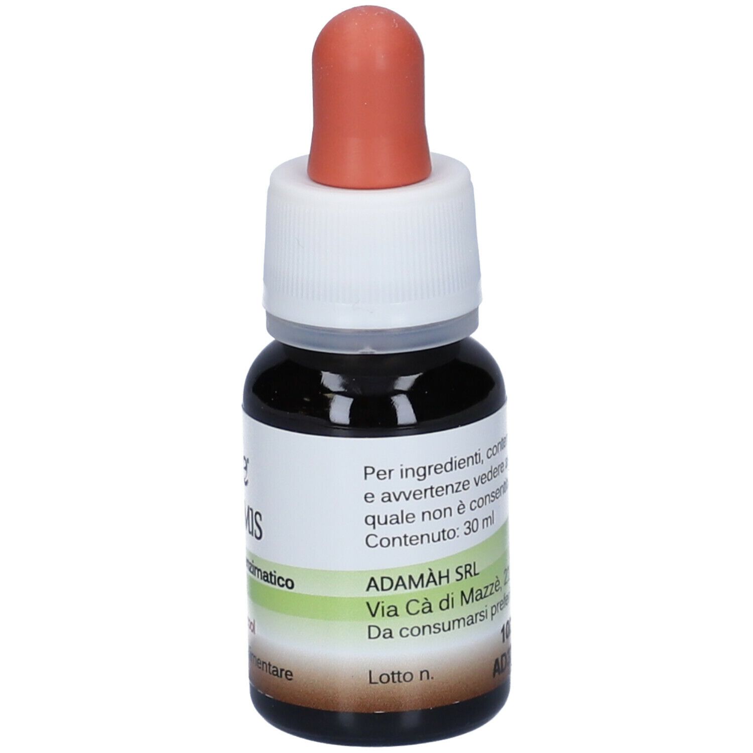 Liquido marrone in un flacone contagocce con pipetta arancione. Tappo a vite bianco. Etichetta con testo.