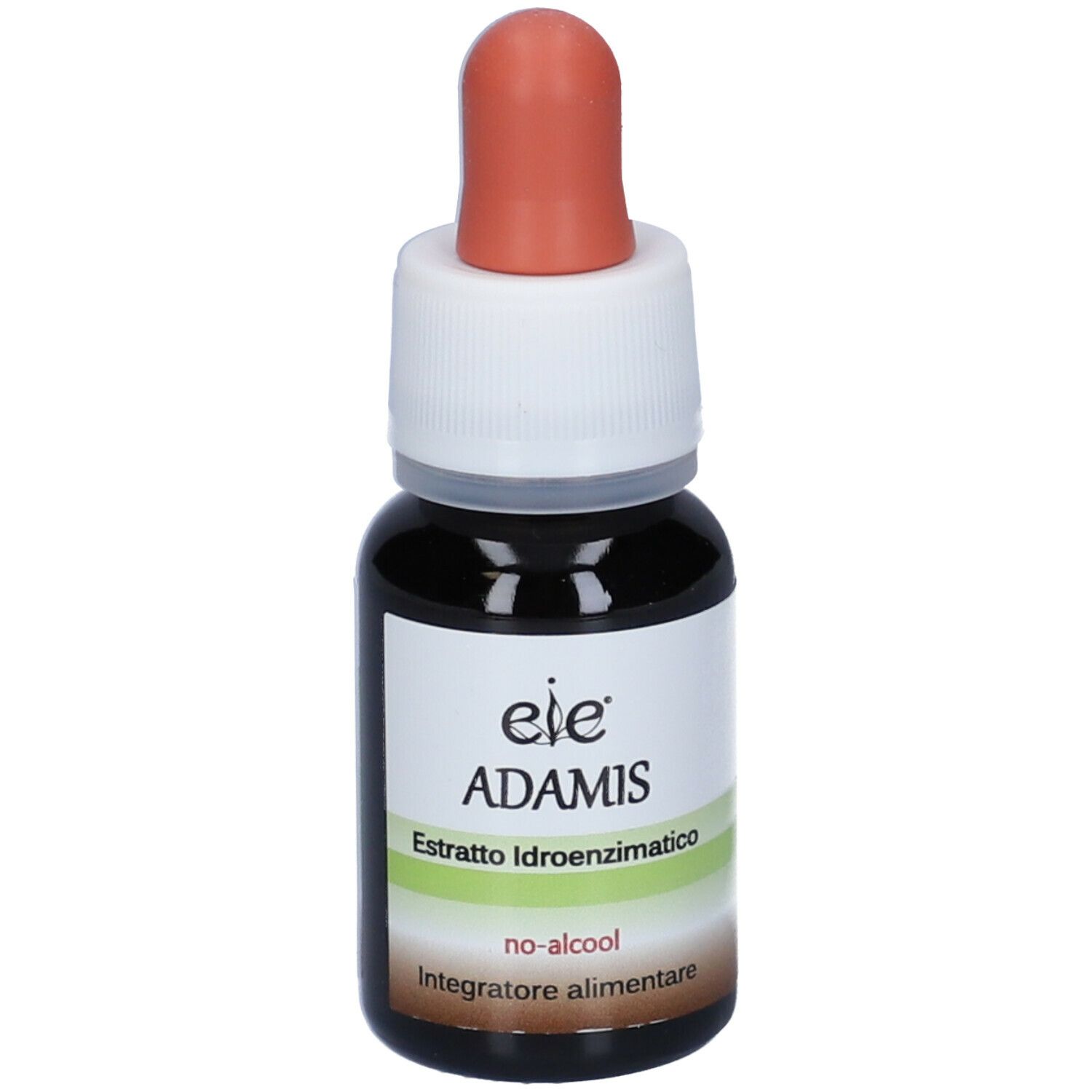 Liquido marrone in un flacone contagocce con pipetta arancione. Tappo a vite bianco. Etichetta con testo.