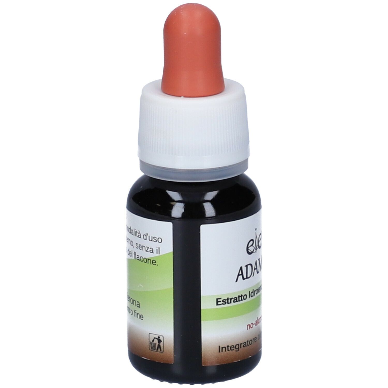 Liquido marrone in un flacone contagocce con pipetta arancione. Tappo a vite bianco. Etichetta con testo.