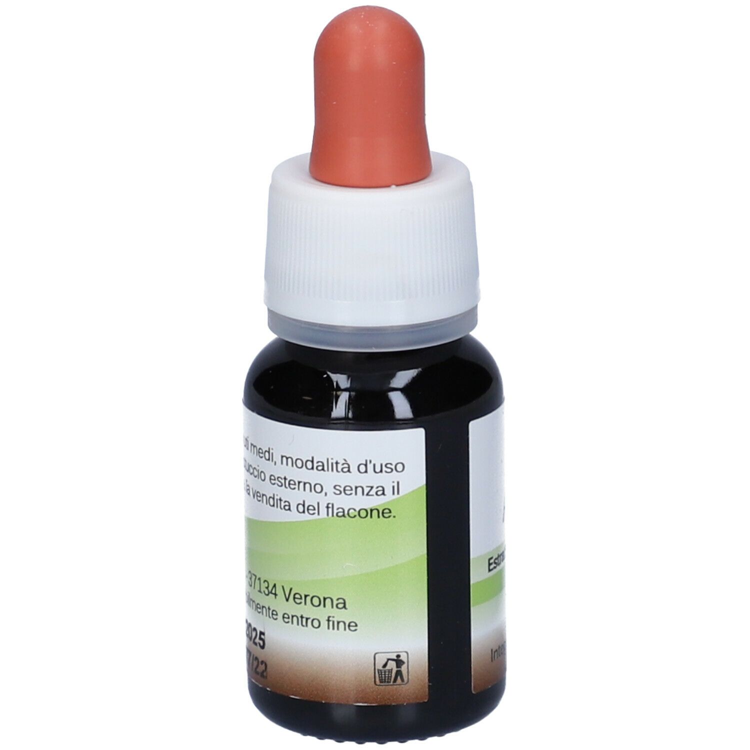 Liquido marrone in un flacone contagocce con pipetta arancione. Tappo a vite bianco. Etichetta con testo.