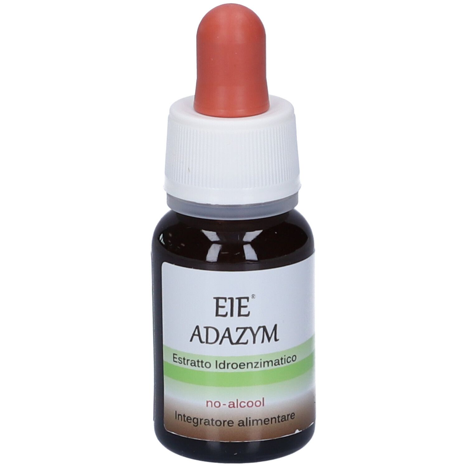 Flacone di vetro marrone con contagocce. Scritta: EIE Adazym, estratto, Integratore alimentare, no-alcool.