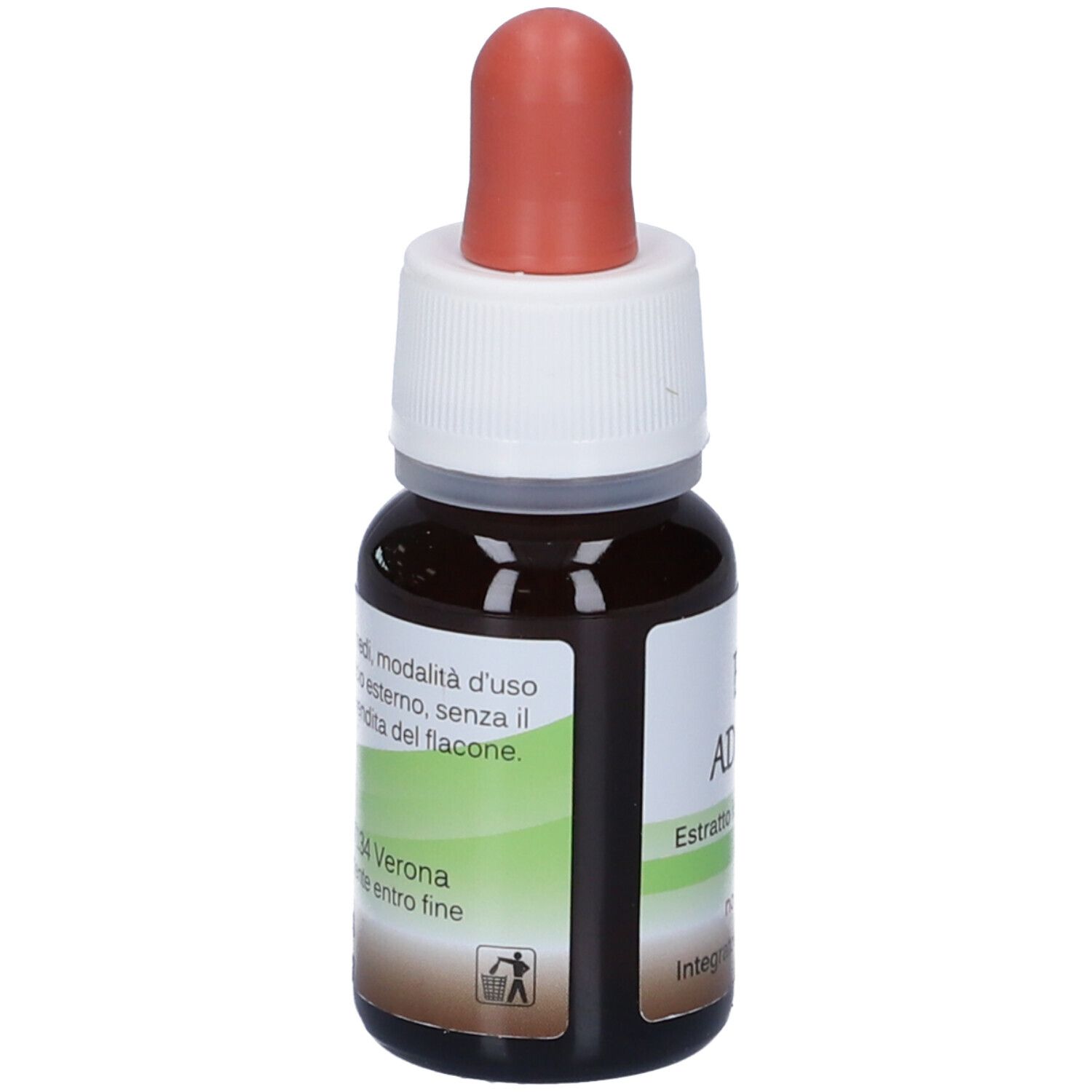 Flacone di vetro marrone con contagocce. Scritta: EIE Adazym, estratto, Integratore alimentare, no-alcool. Etichetta.