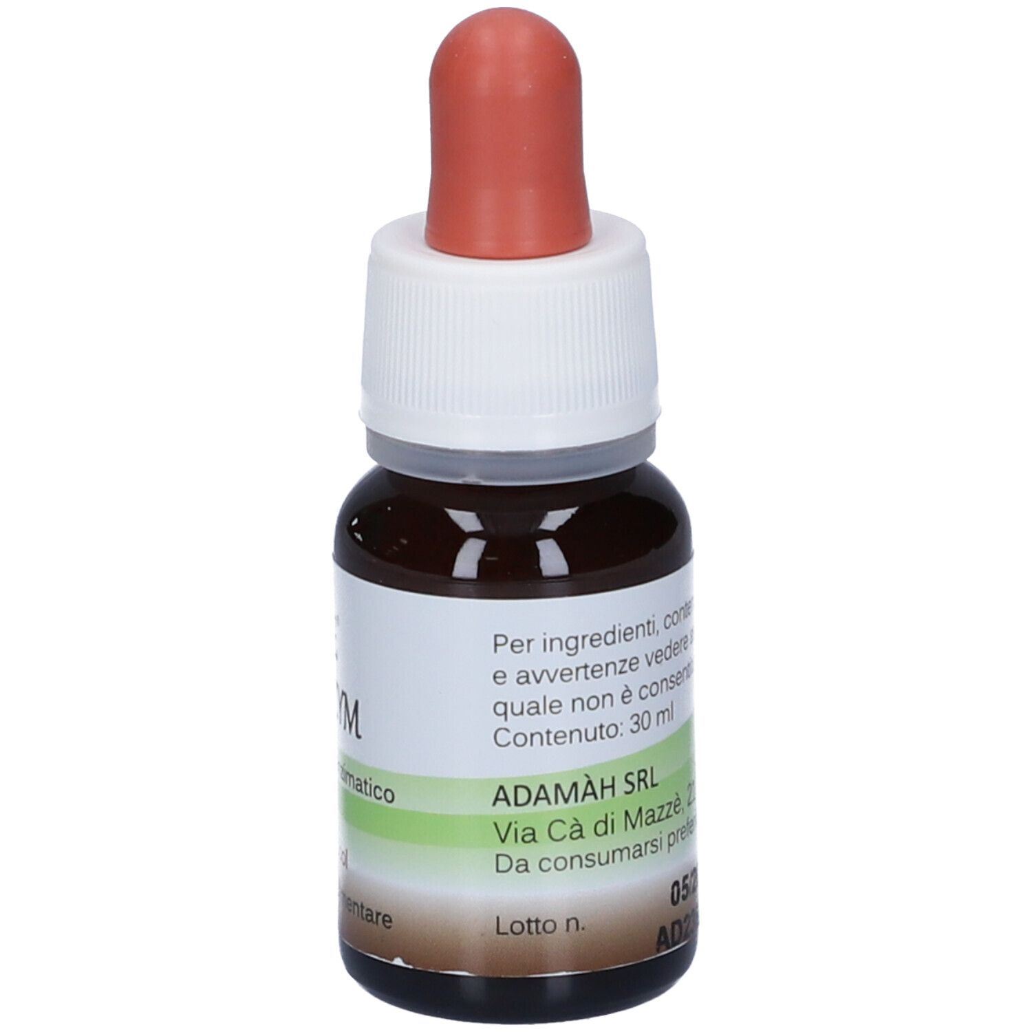 Flacone di vetro marrone con contagocce. Scritta: EIE Adazym, estratto, Integratore alimentare, no-alcool. Etichetta.