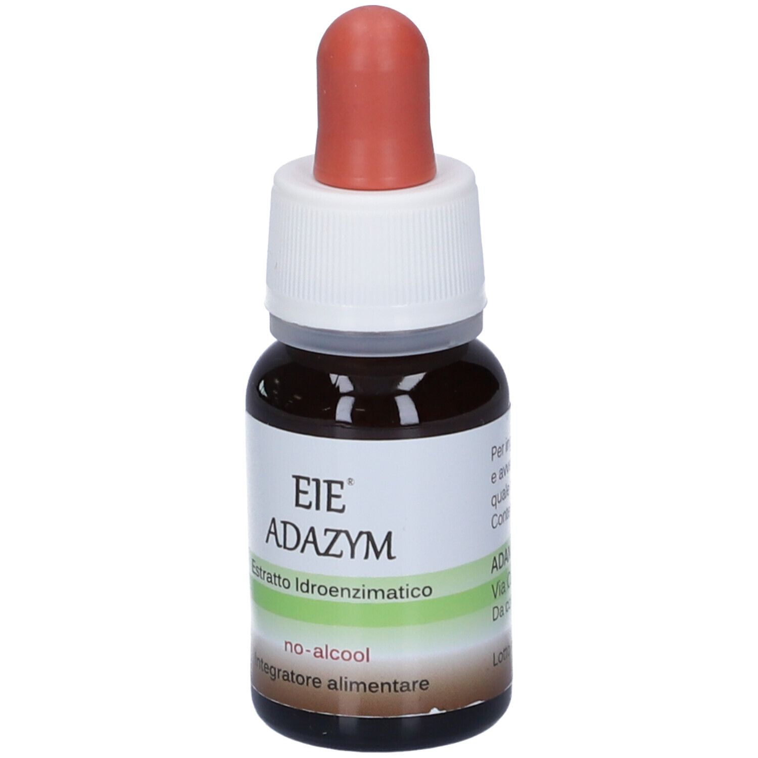Flacone di vetro marrone con contagocce. Scritta: EIE Adazym, estratto, Integratore alimentare, no-alcool. Etichetta.