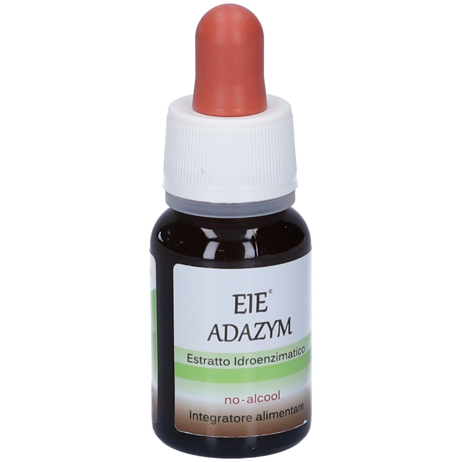 Flacone di vetro marrone con contagocce. Scritta: EIE Adazym, estratto, Integratore alimentare, no-alcool. Etichetta.