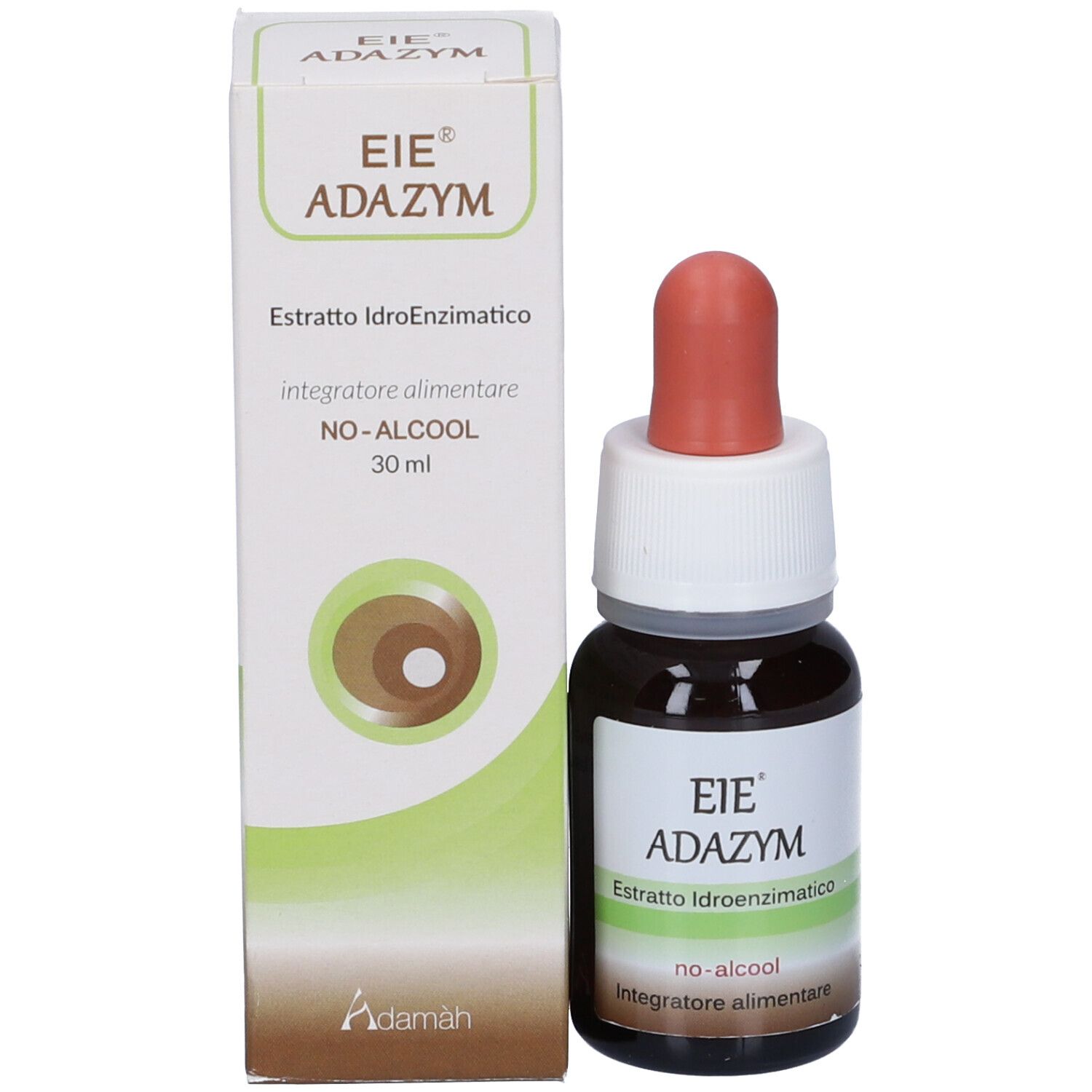 Flacone e scatola. Flacone con contagocce, etichetta: EIE Adazym, estratto. Scatola con nome e testo del prodotto.