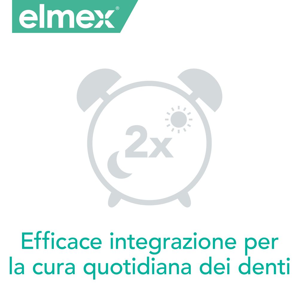 Elmex Logo über einem stilisierten Wecker mit "2x", Sonne und Mond. Darunter italienischer Text.