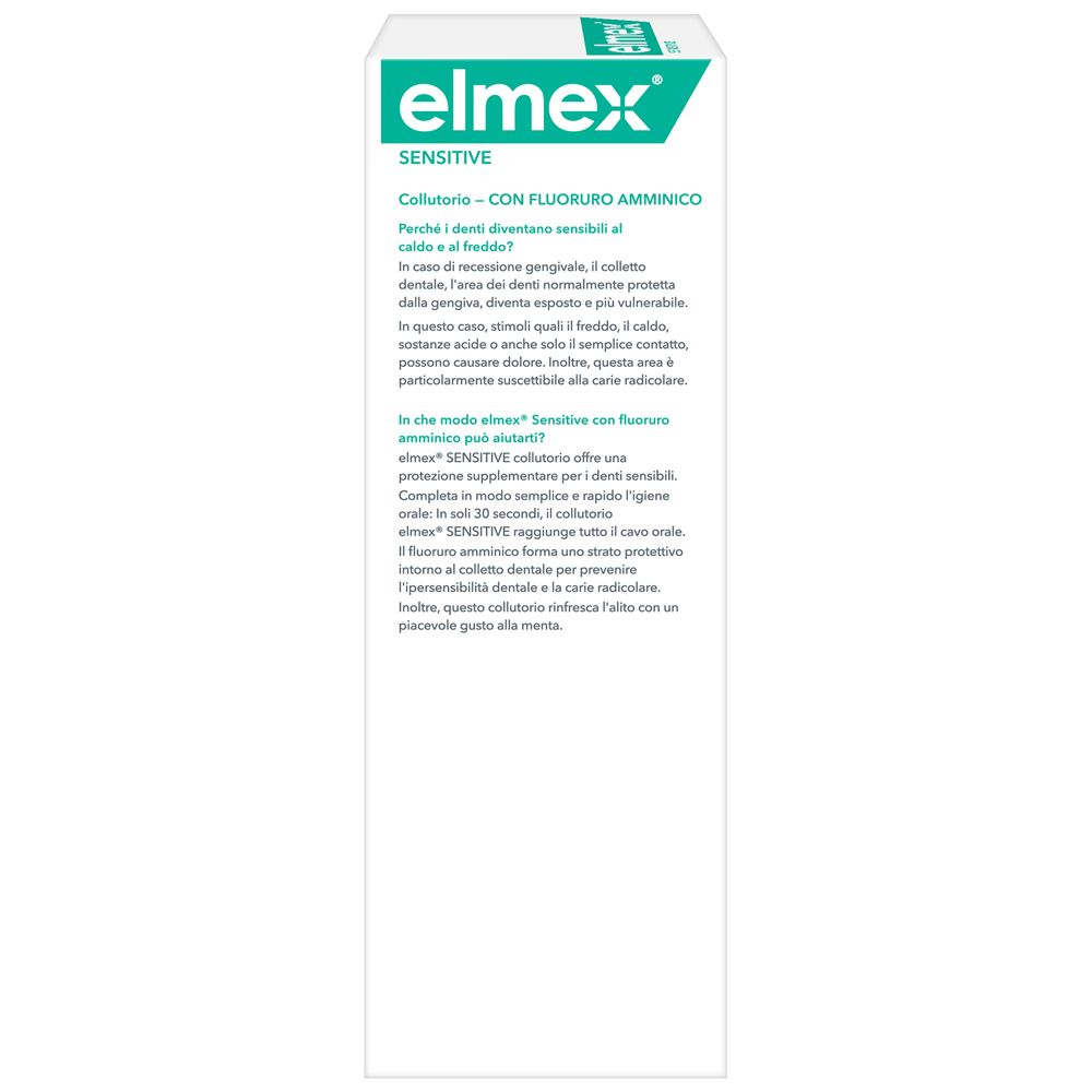 Elmex Sensitive Mundspülung mit Aminfluorid für empfindliche Zähne.