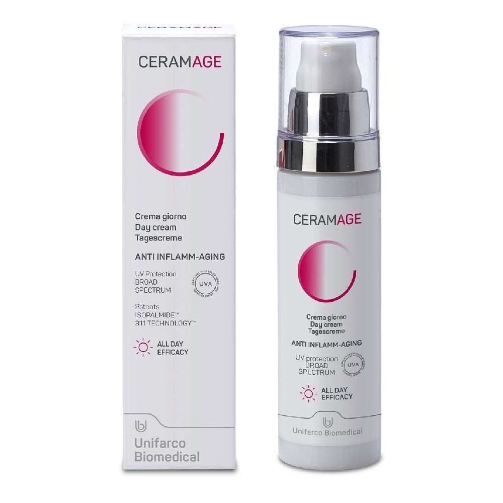 CERAMAGE crema giorno, con confezione. Flacone bianco con pompa e logo rosa. Testo: Anti-Inflamm-Aging, protezione UV.