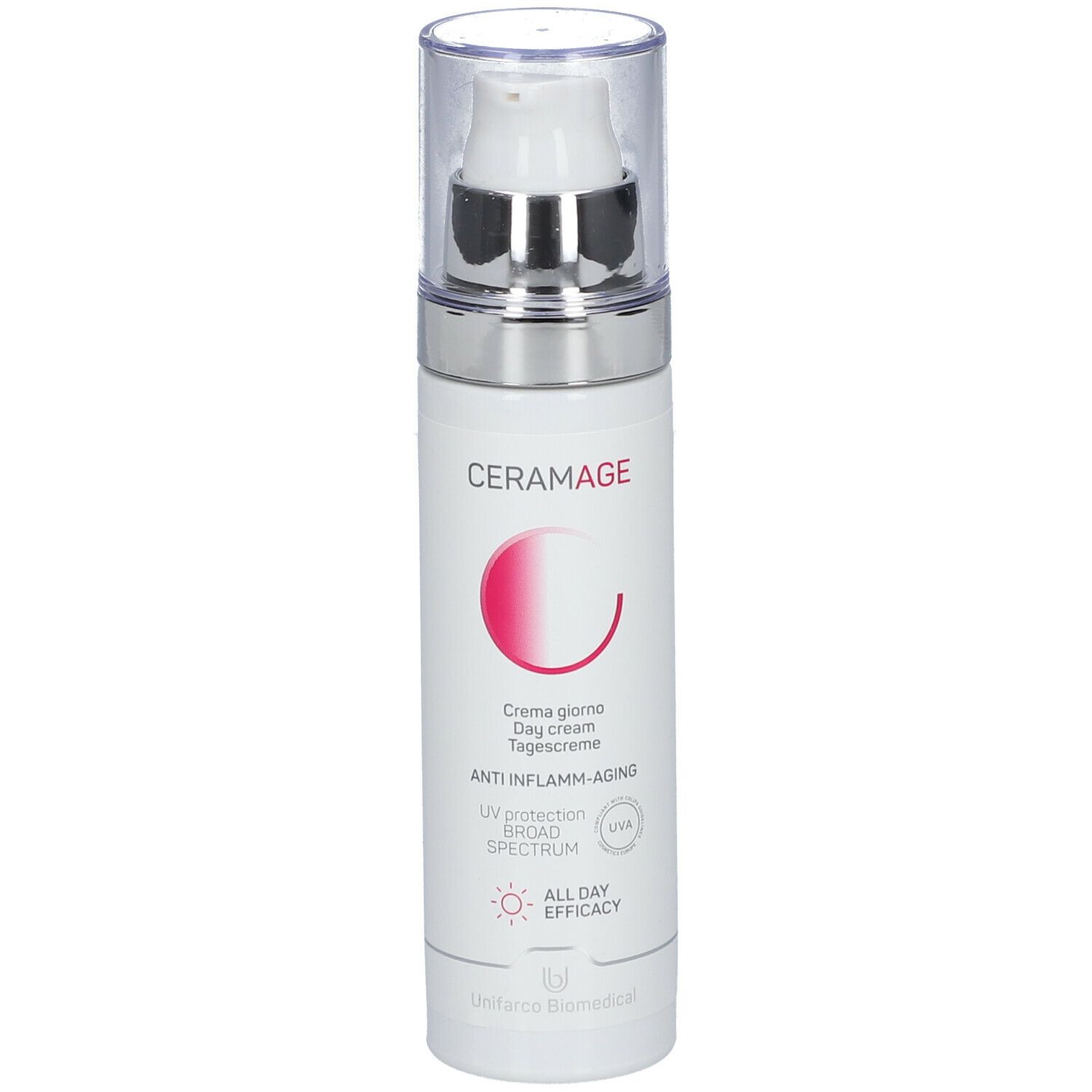 CERAMAGE crema giorno, flacone bianco con pompa e logo rosa. Testo: Anti-Inflamm-Aging, protezione UV, Creme giorno, Day cream.