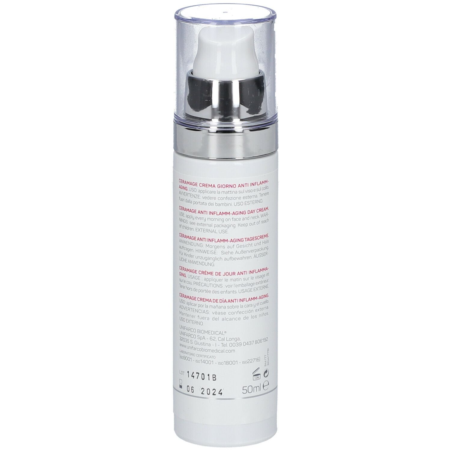 CERAMAGE crema giorno, retro del flacone. Testo: Creme giorno, Day cream, Anti-Inflamm-Aging, 50ml, scadenza.