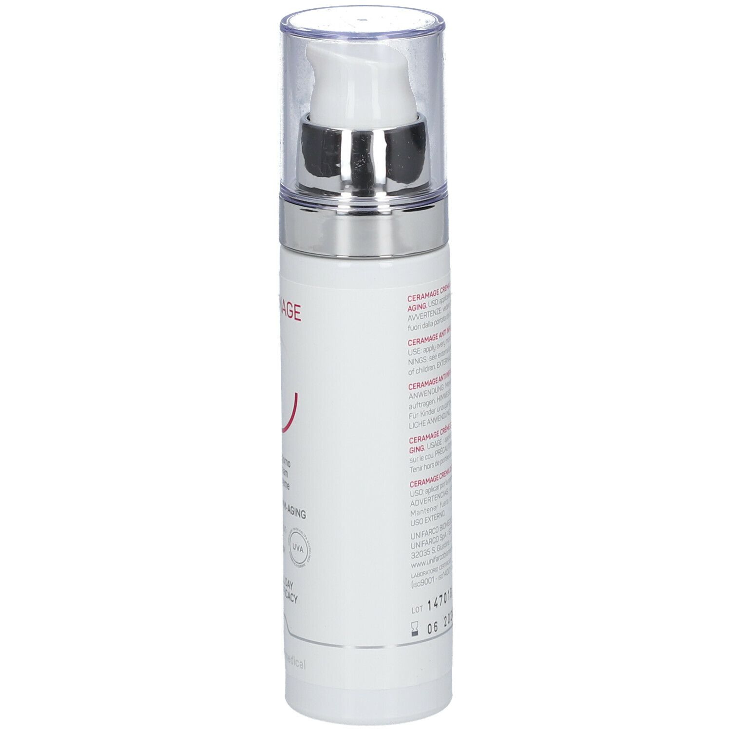 CERAMAGE crema giorno, vista laterale del flacone. Testo: Creme giorno, Day cream, Anti-Inflamm-Aging, protezione UV, 50ml.