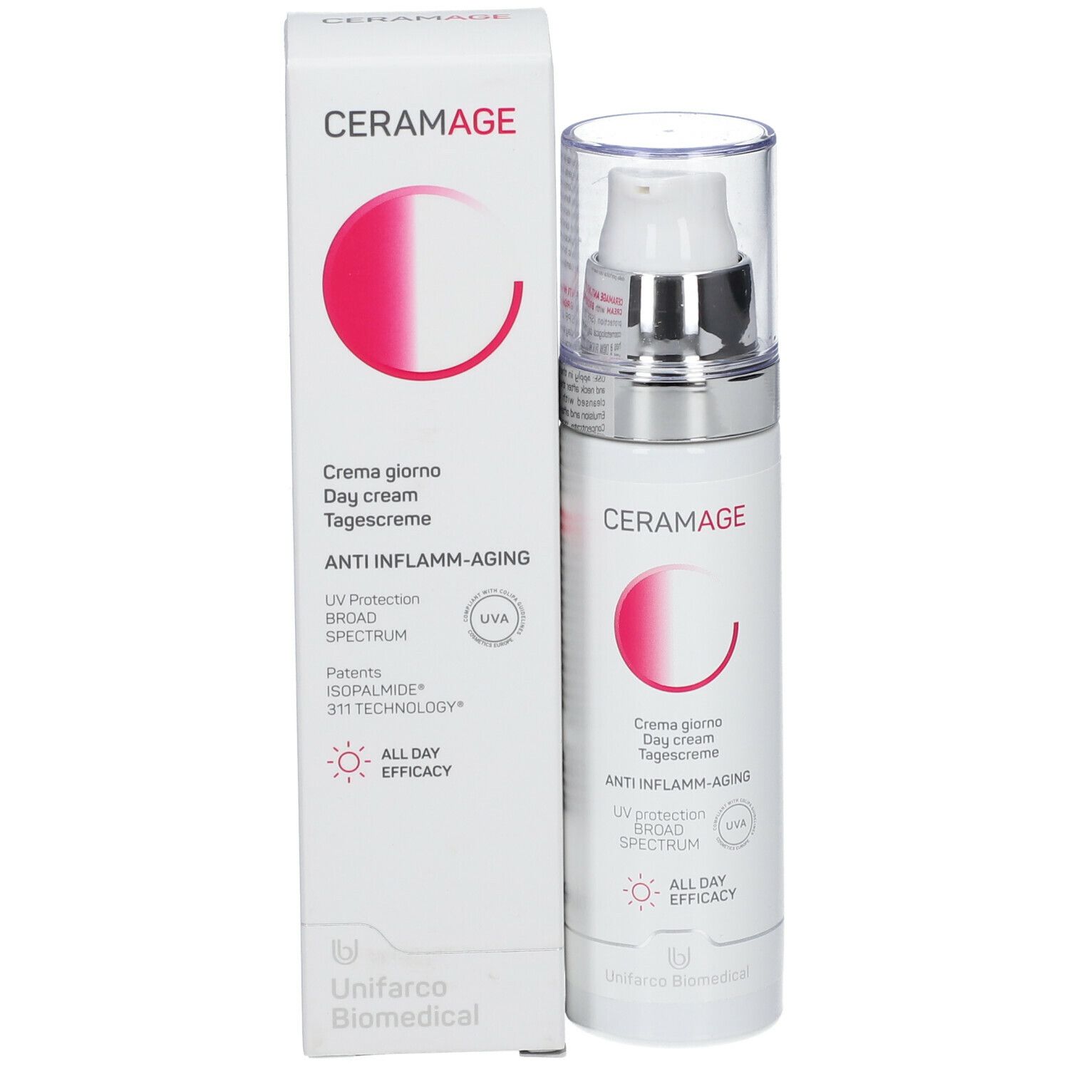 CERAMAGE crema giorno, con confezione. Flacone bianco con pompa e logo rosa. Testo: Anti-Inflamm-Aging, protezione UV.