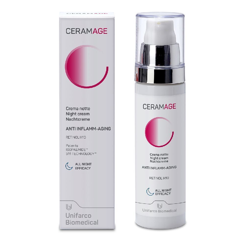 Flacone e scatola di crema. Scritta Ceramage, crema notte, Anti-Inflamm-Aging. Con pompa e coperchio.