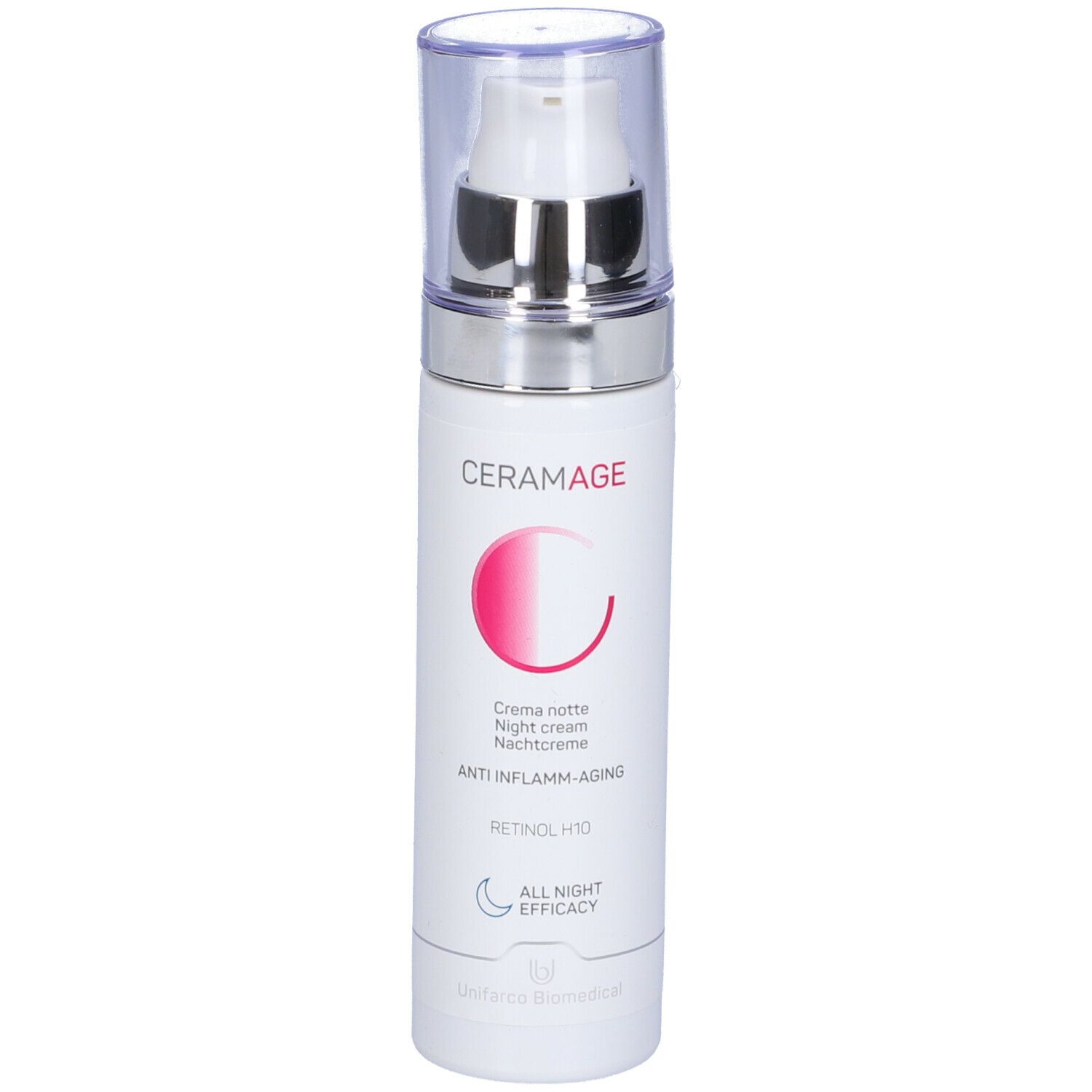 Flacone di crema. Scritta Ceramage, crema notte, Anti-Inflamm-Aging. Con pompa e coperchio.