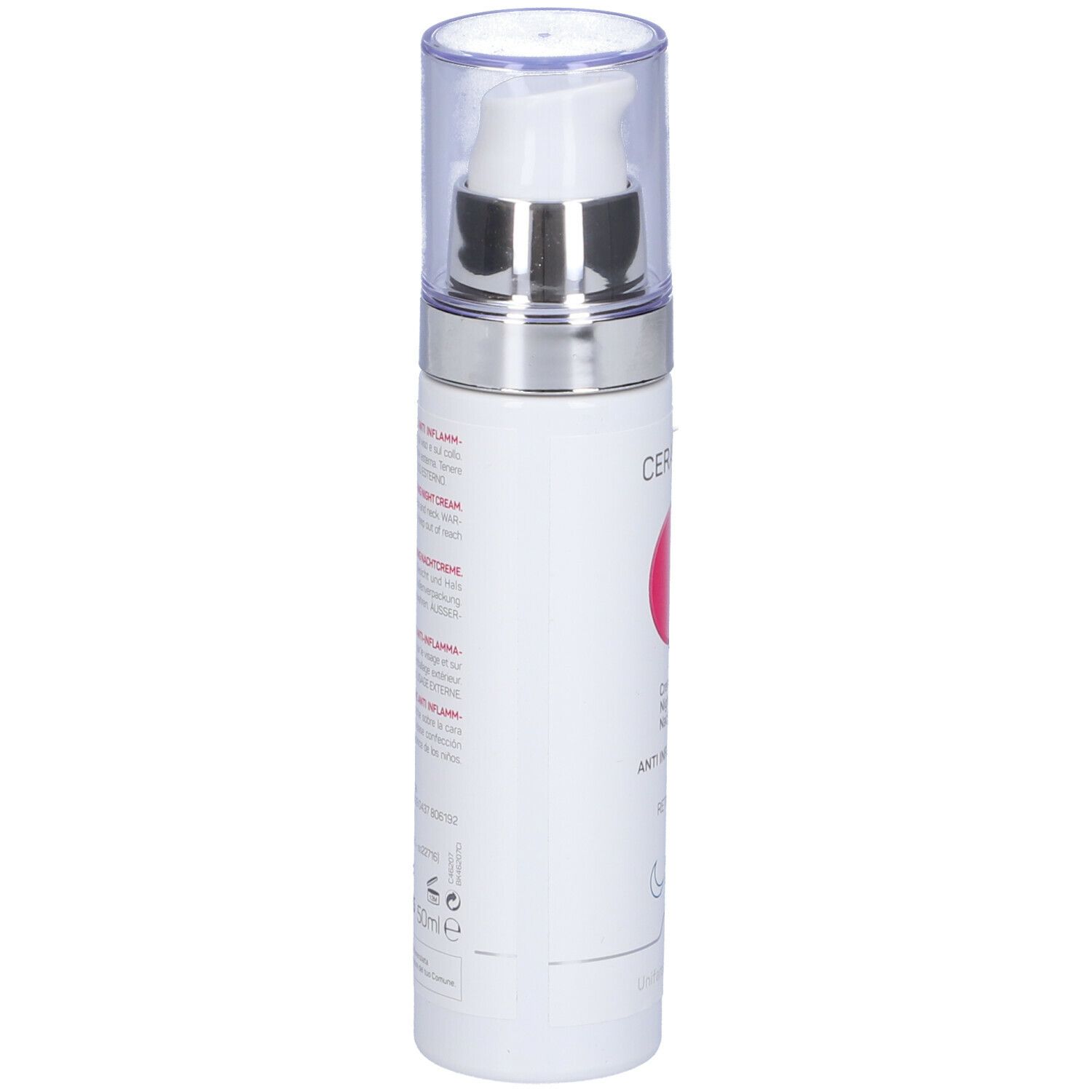 Flacone di crema. Scritta Ceramage, crema notte, Anti-Inflamm-Aging. Con pompa e coperchio.