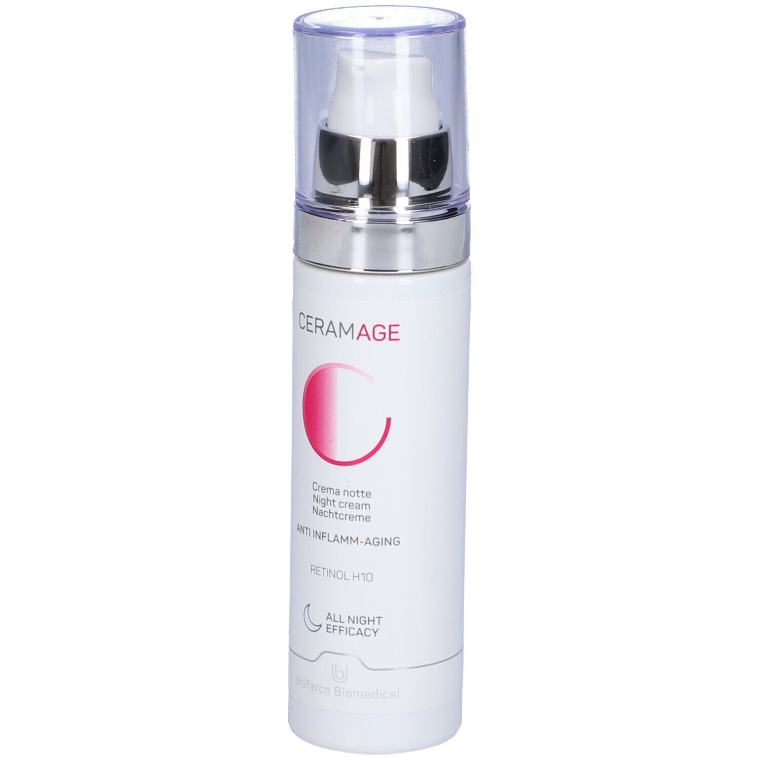 Flacone di crema. Scritta Ceramage, crema notte, Anti-Inflamm-Aging. Con pompa e coperchio.
