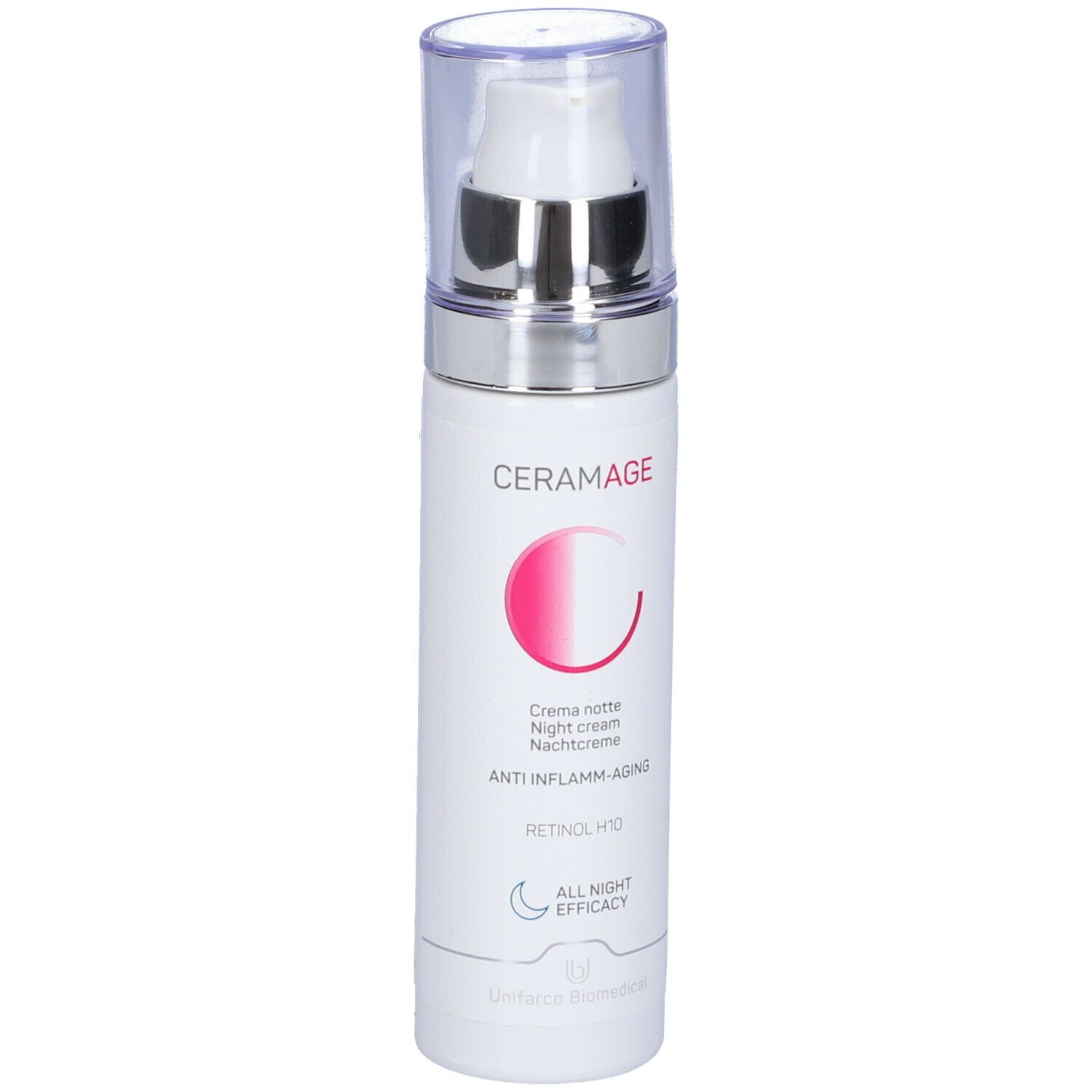 Flacone di crema. Scritta Ceramage, crema notte, Anti-Inflamm-Aging. Con pompa e coperchio.