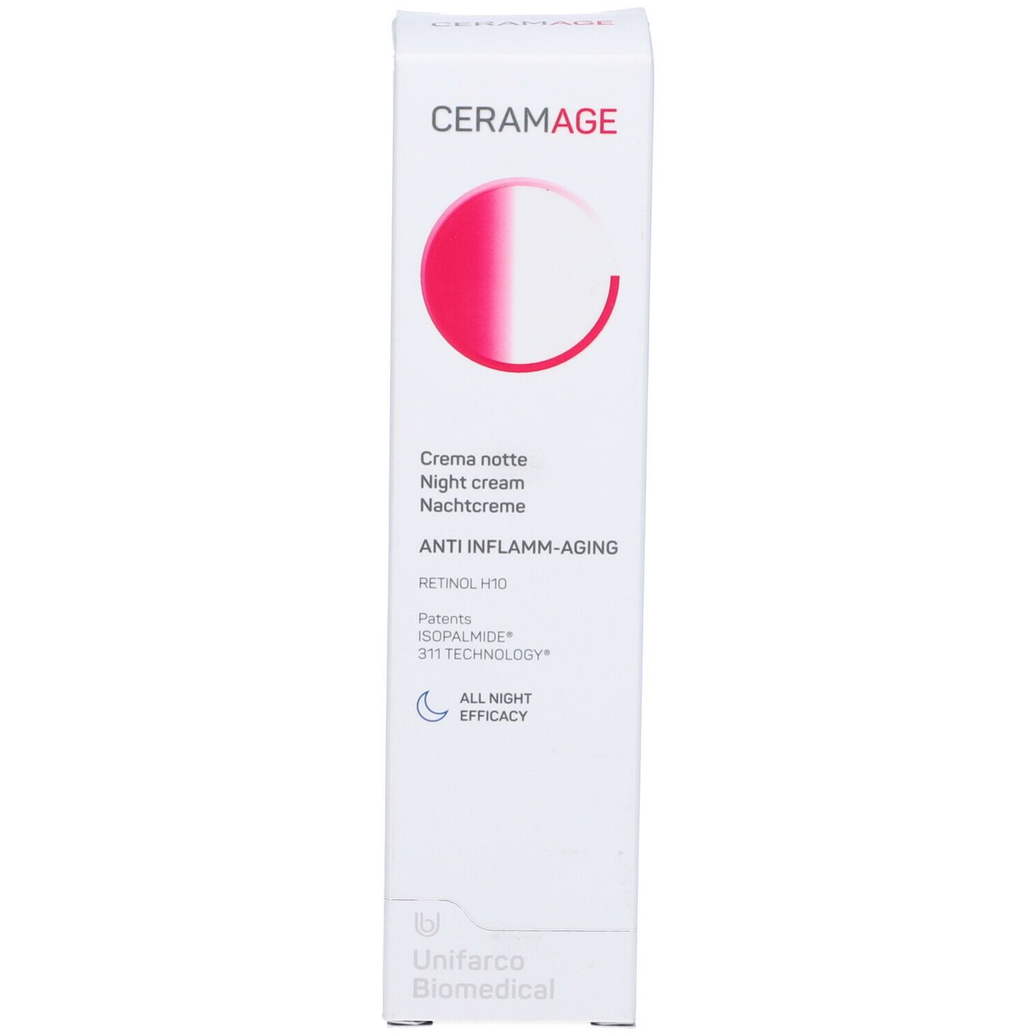 Scatola. Scritta Ceramage, crema notte, Anti-Inflamm-Aging. Con logo e testo.