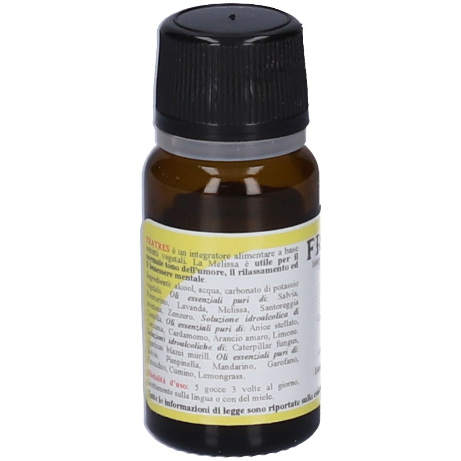 Braunes Glasfläschchen mit ätherischem Öl, Etikett mit Inhaltsstoffen und Anwendungshinweisen.