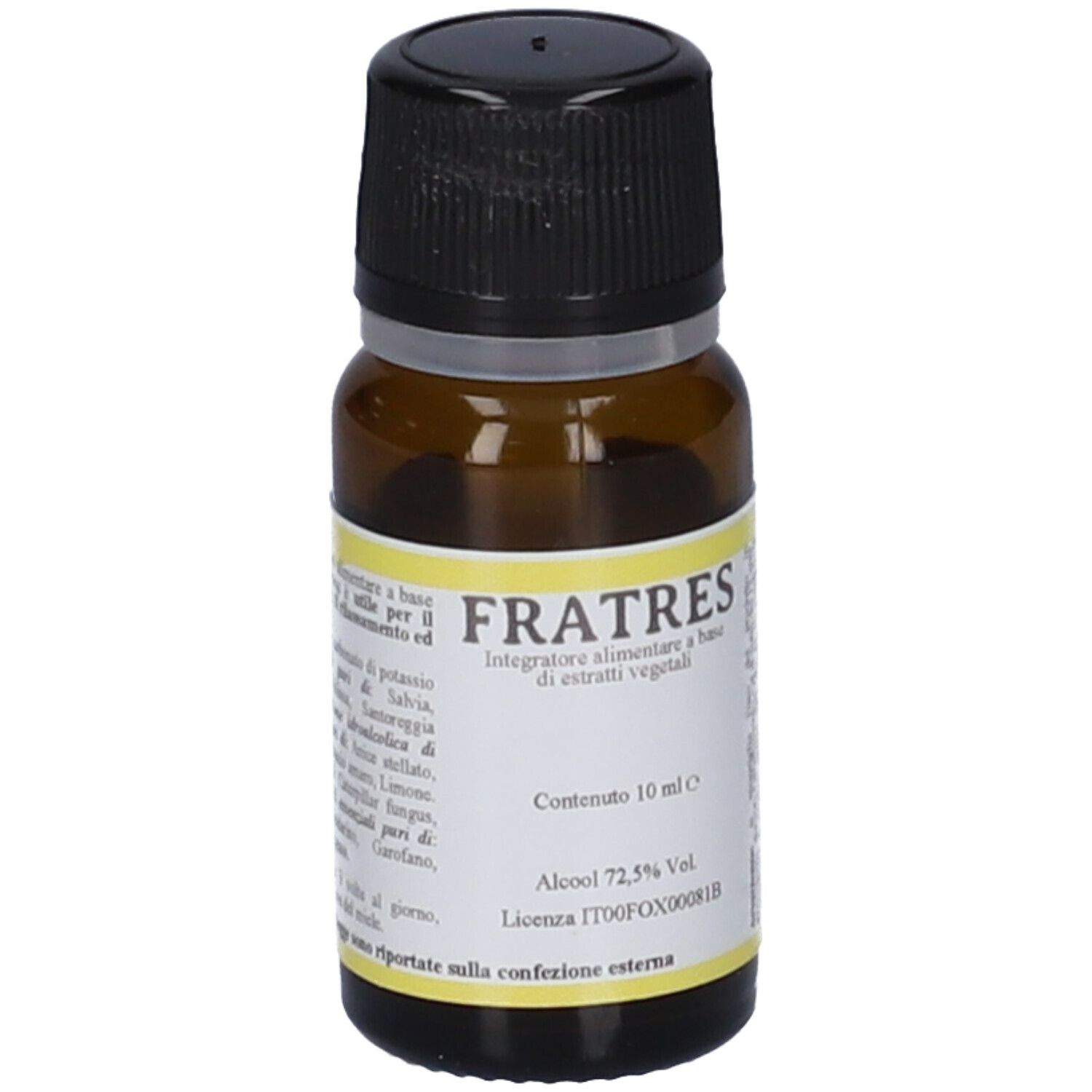 Braune Glasflasche mit schwarzem Deckel. Enthält 10ml. Alkohol 72,5%. Marke: Fratres.