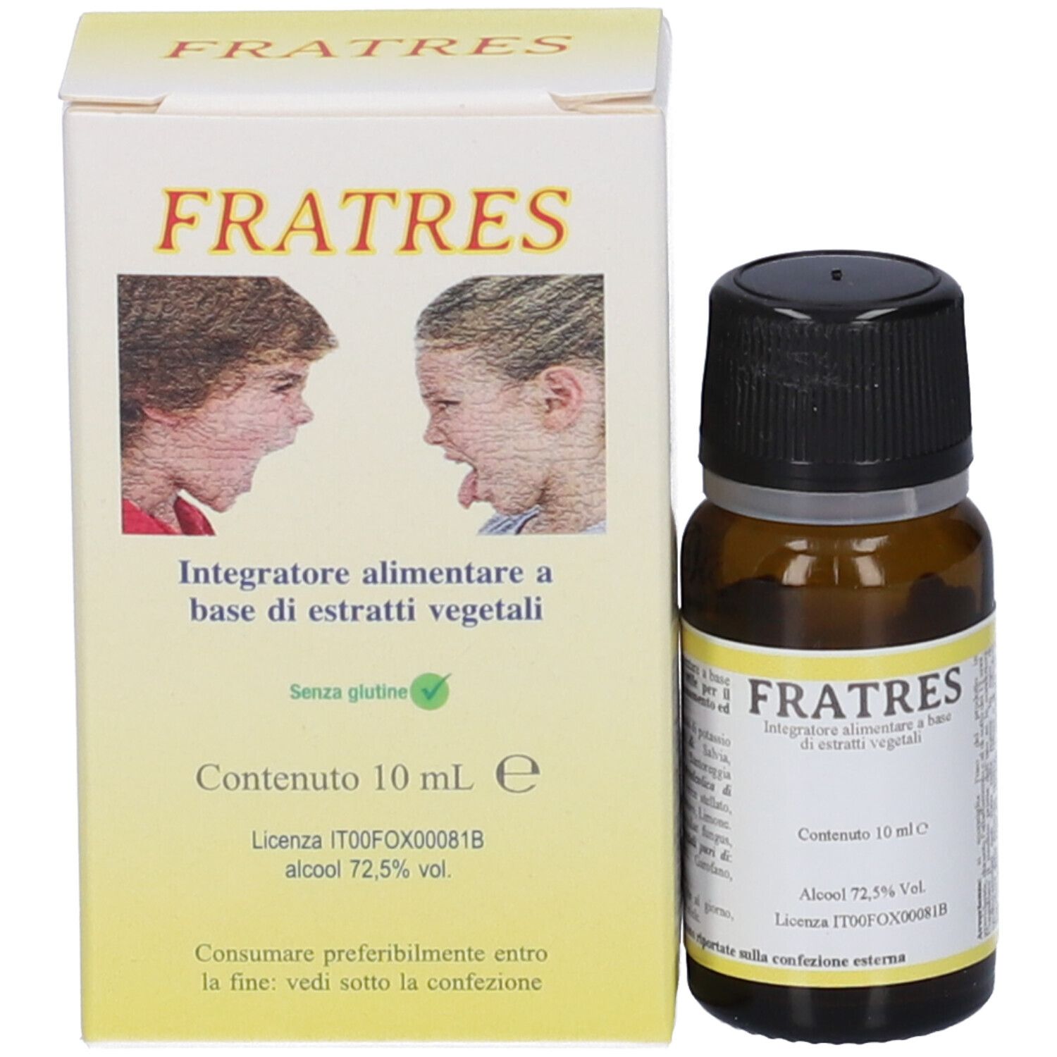 Kleine braune Glasflasche mit Tropfer und weißer Schachtel. "Fratres" Integratore alimentare.