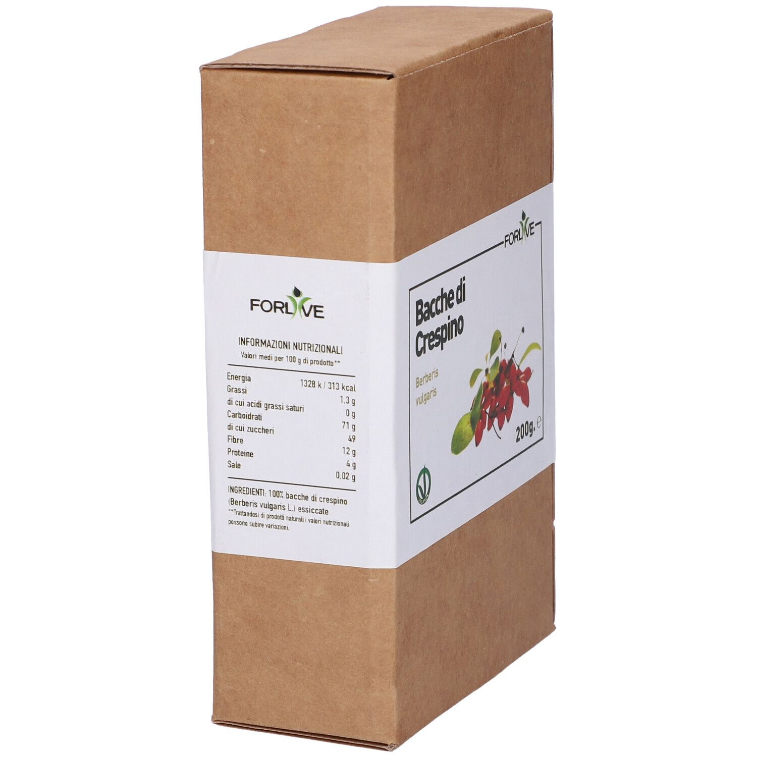 Scatola di cartone con etichetta. Scritto: Bacche di Crespino, Berberis vulgaris. Informazioni nutrizionali. Logo verde e bianco.