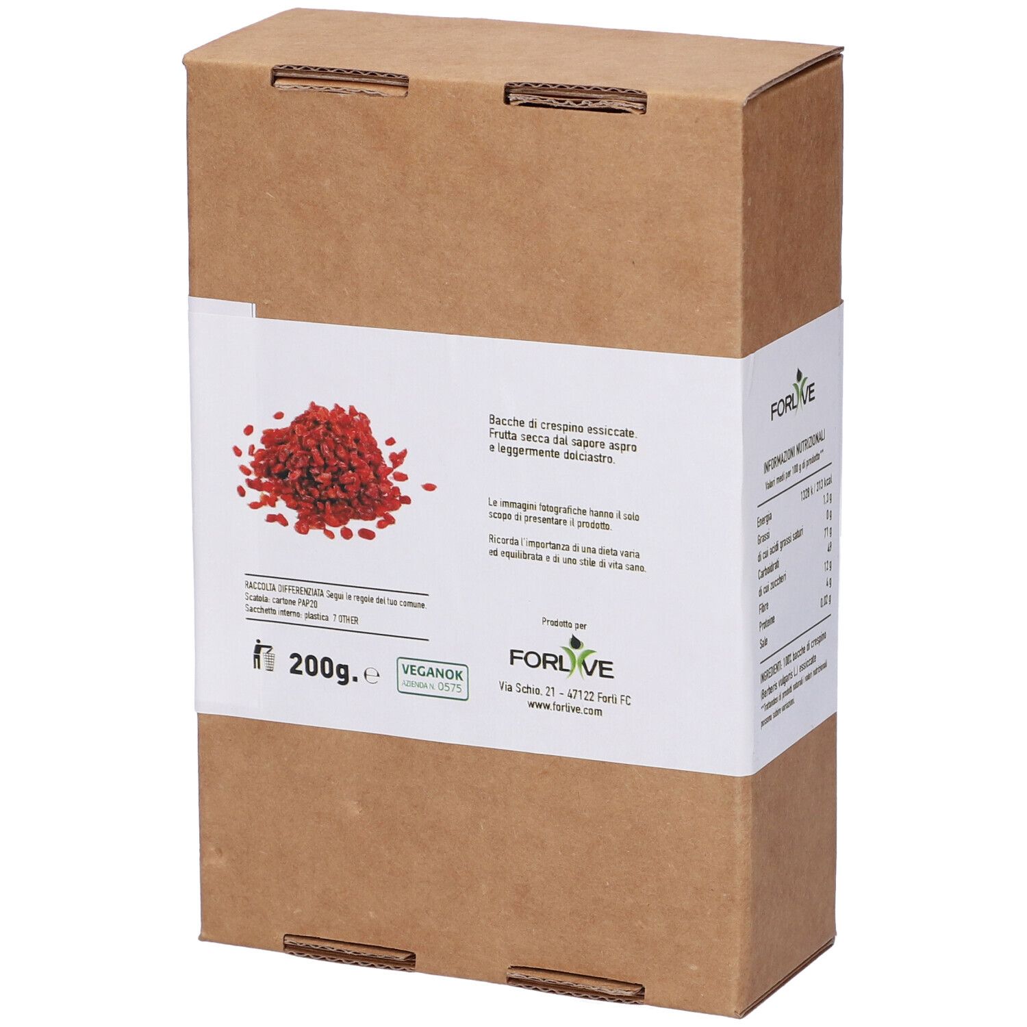 Scatola di cartone con etichetta. Scritto: Bacche di Crespino essiccate. Informazioni nutrizionali. Logo verde e bianco.