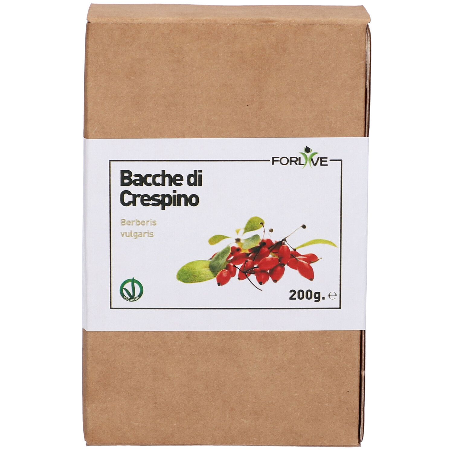 Scatola di cartone con etichetta. Scritto: Bacche di Crespino, Berberis vulgaris. Immagine di bacche rosse e foglie. Logo verde e bianco.