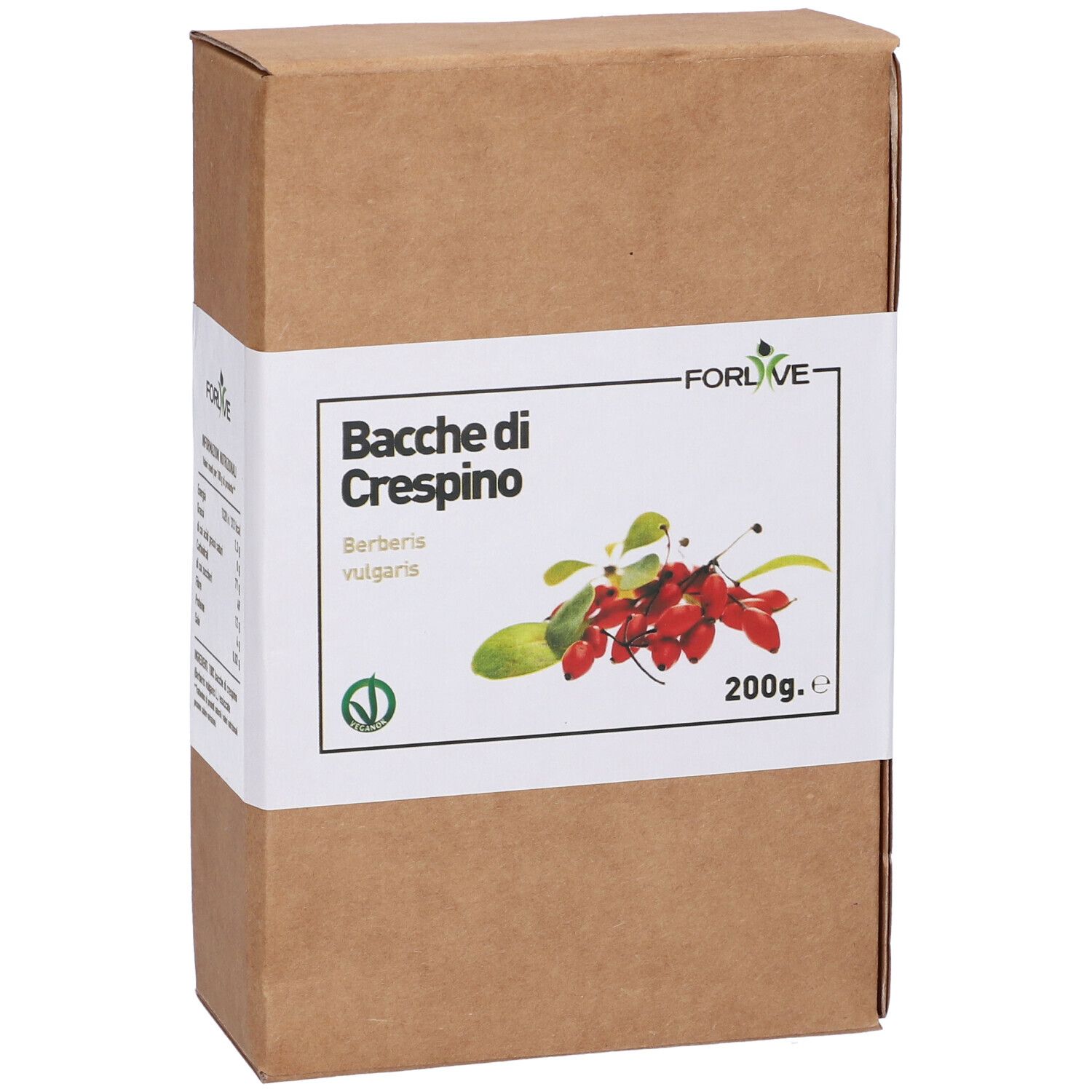 Scatola di cartone con etichetta. Scritto: Bacche di Crespino, Berberis vulgaris. Immagine di bacche rosse e foglie. Logo verde e bianco.