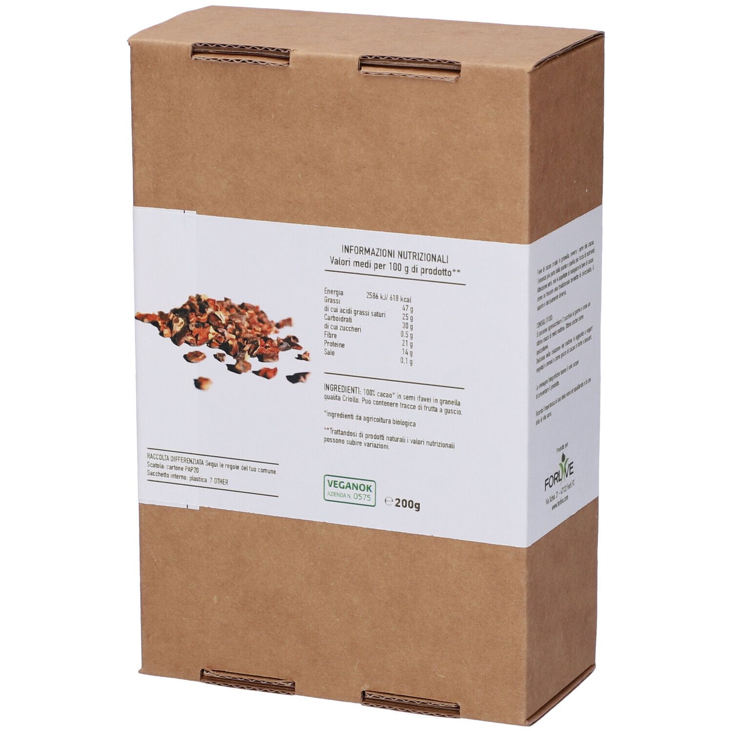 Scatola di cartone marrone con etichetta bianca. Scritto: Informazioni nutrizionali. Marchio vegano. Fave di cacao.