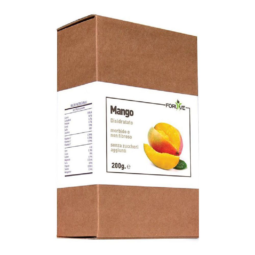 Scatola di cartone con stampa. Scritto: Mango Disidratato, senza zuccheri aggiunti. Marca: Forlive. 200g.