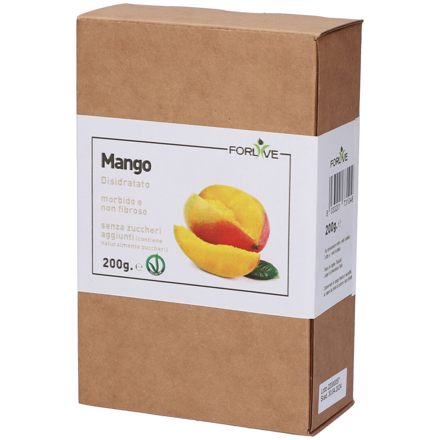 Scatola di cartone con stampa. Scritto: Mango Disidratato, senza zuccheri aggiunti. Marca: Forlive. 200g. Codice a barre.
