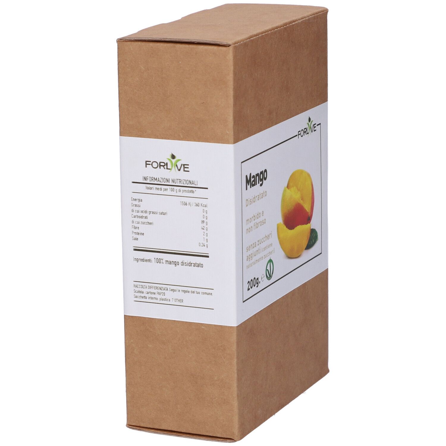 Scatola di cartone con stampa. Scritto: Mango Disidratato, senza zuccheri aggiunti. Marca: Forlive. 200g. Codice a barre.