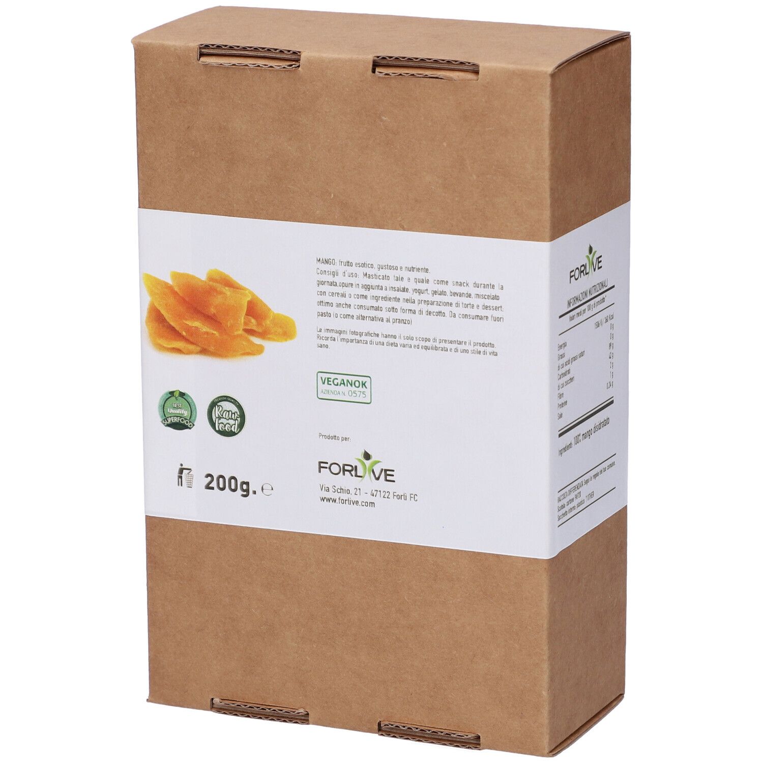 Scatola di cartone con stampa. Scritto: Mango Disidratato, senza zuccheri aggiunti. Marca: Forlive. 200g. Codice a barre.