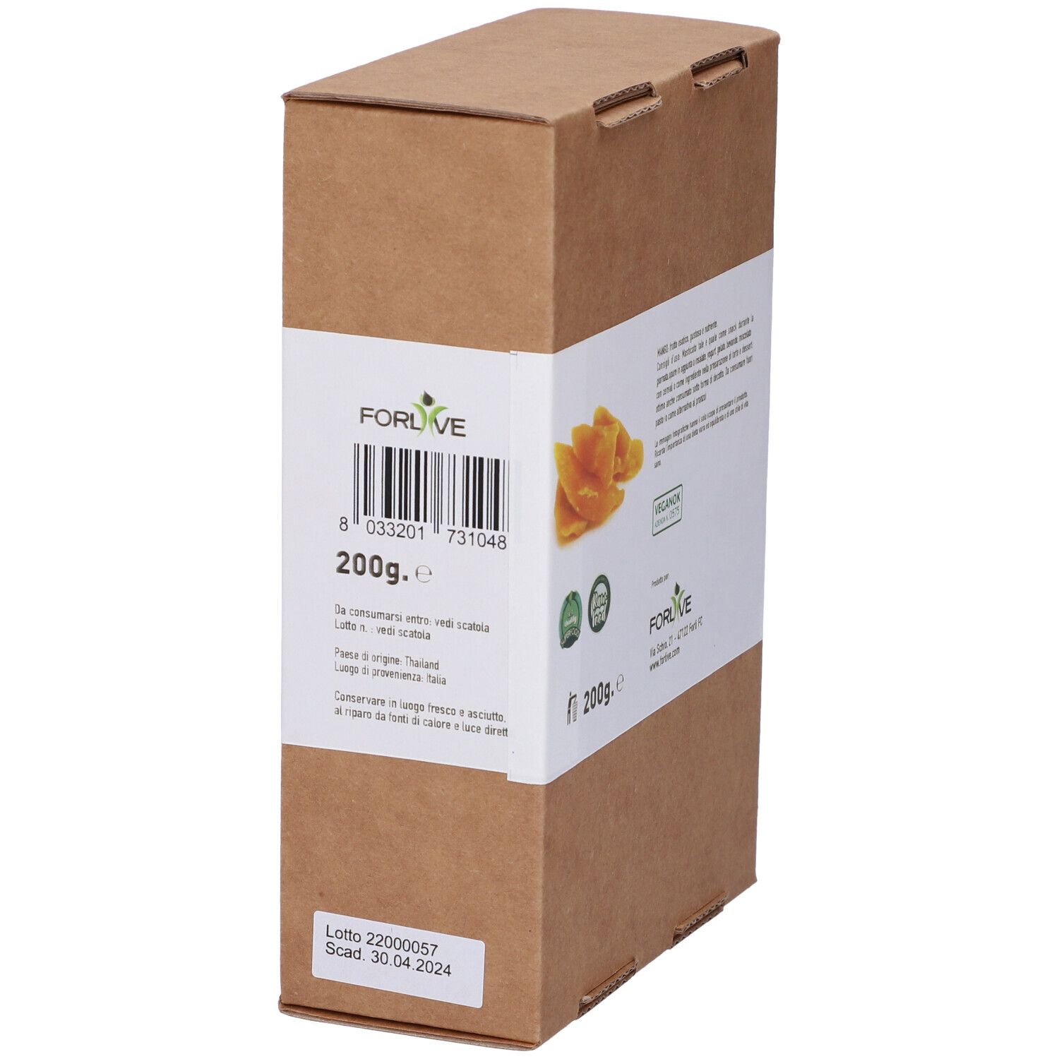 Scatola di cartone con stampa. Scritto: Mango Disidratato, senza zuccheri aggiunti. Marca: Forlive. 200g. Sigillo vegano.