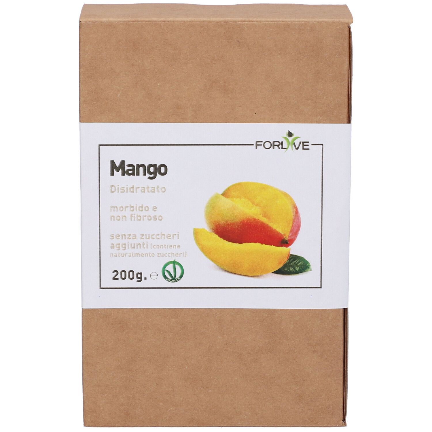 Scatola di cartone con stampa. Scritto: Mango Disidratato, senza zuccheri aggiunti. Marca: Forlive. 200g.