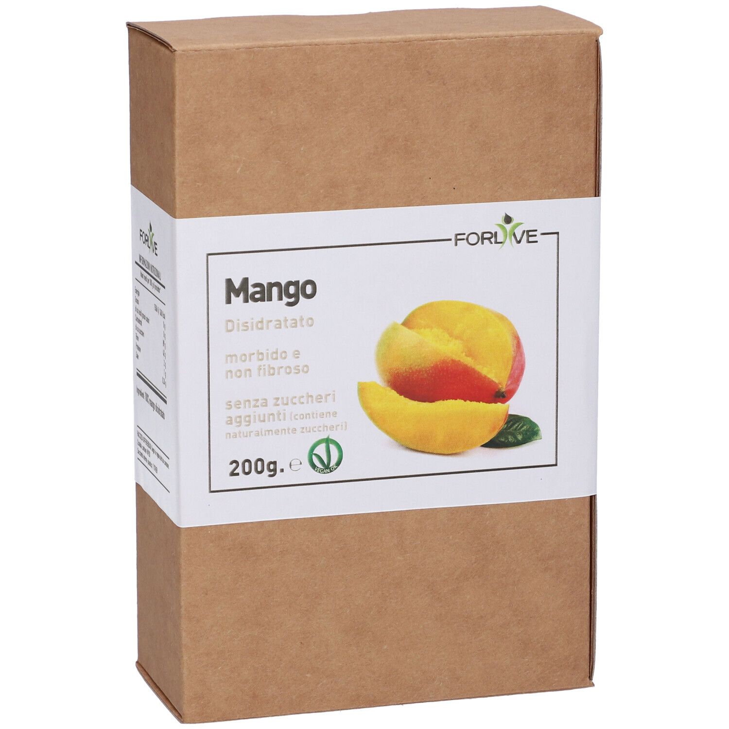 Scatola di cartone con stampa. Scritto: Mango Disidratato, senza zuccheri aggiunti. Marca: Forlive. 200g.